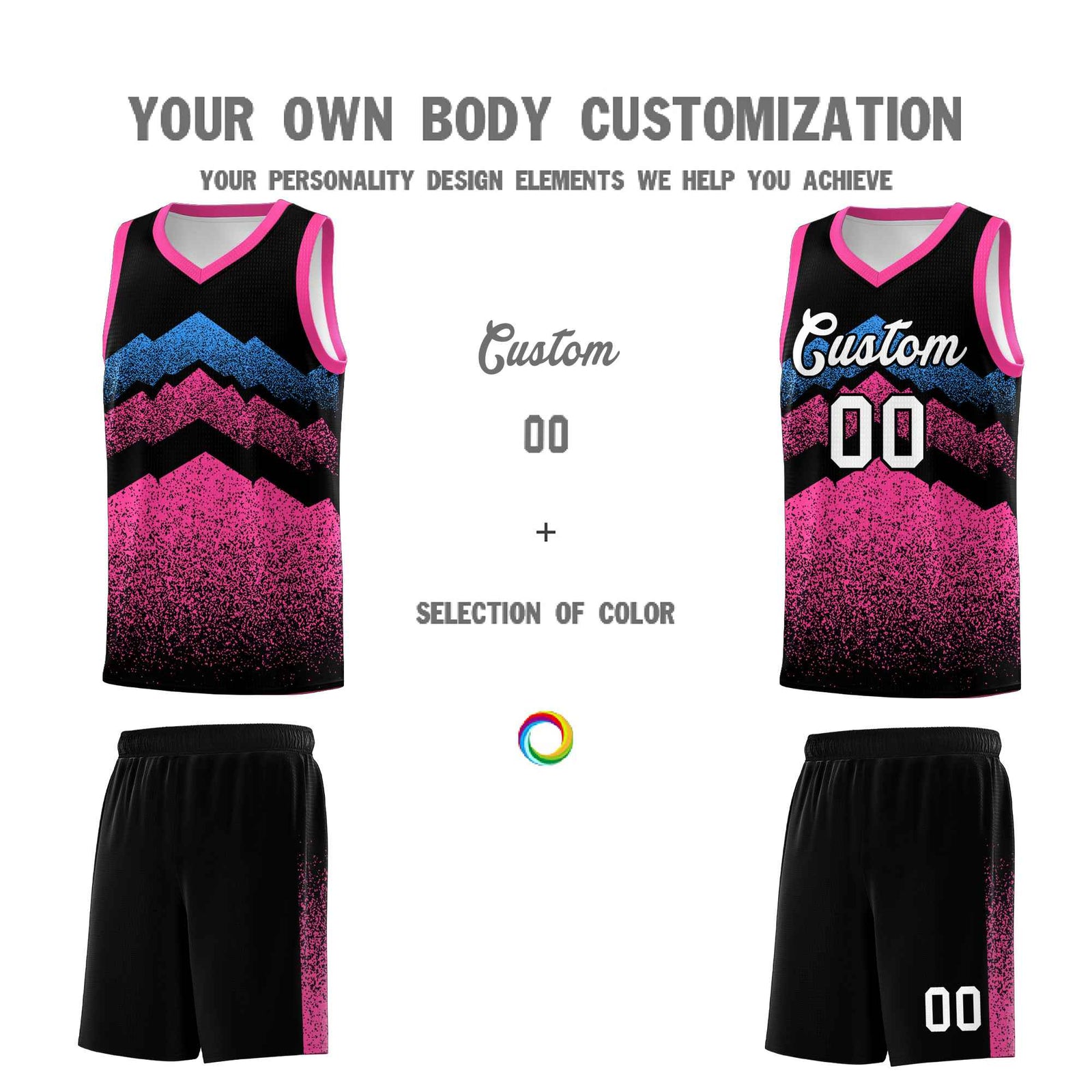 Personalized Youth Basketball Jerseys Black Pink Gradient Mountain Design Uniforms