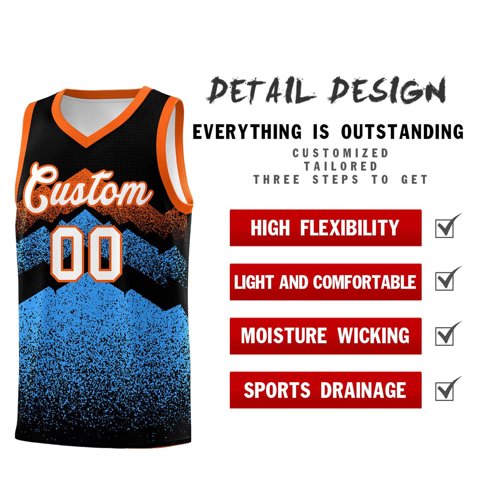 Personalized Youth Basketball Jerseys Black Powder Blue Gradient Mountain Design Uniforms