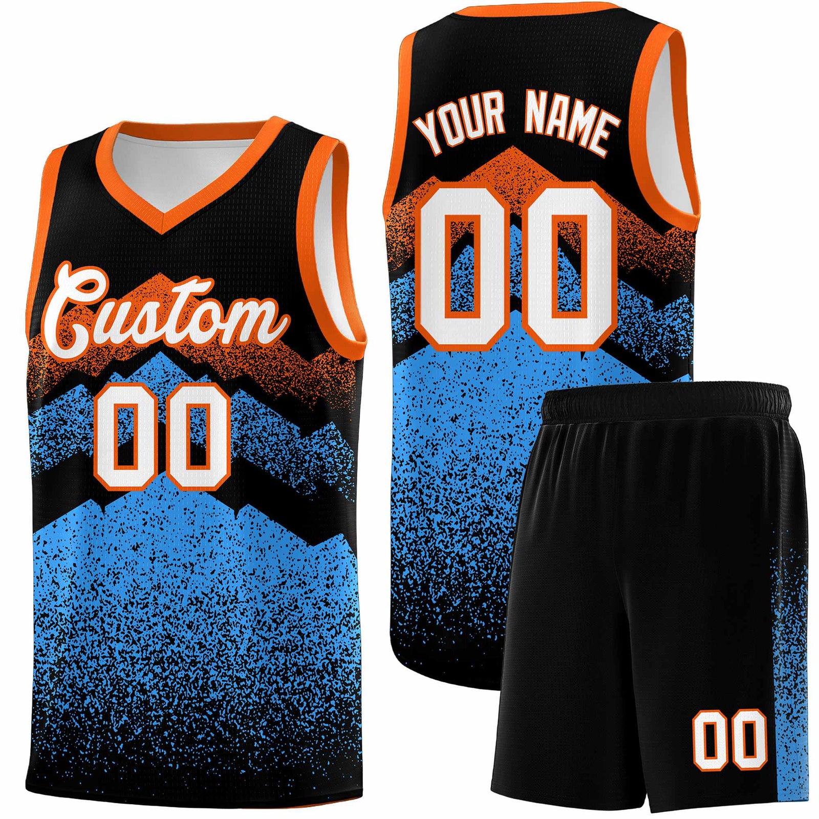 Personalized Youth Basketball Jerseys Black Powder Blue Gradient Mountain Design Uniforms