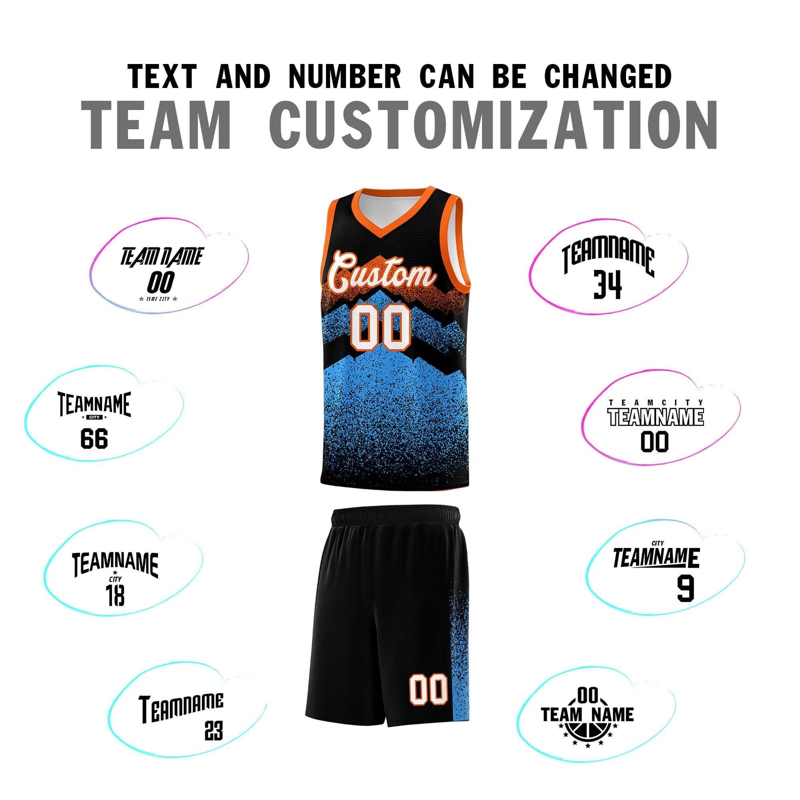 Personalized Youth Basketball Jerseys Black Powder Blue Gradient Mountain Design Uniforms