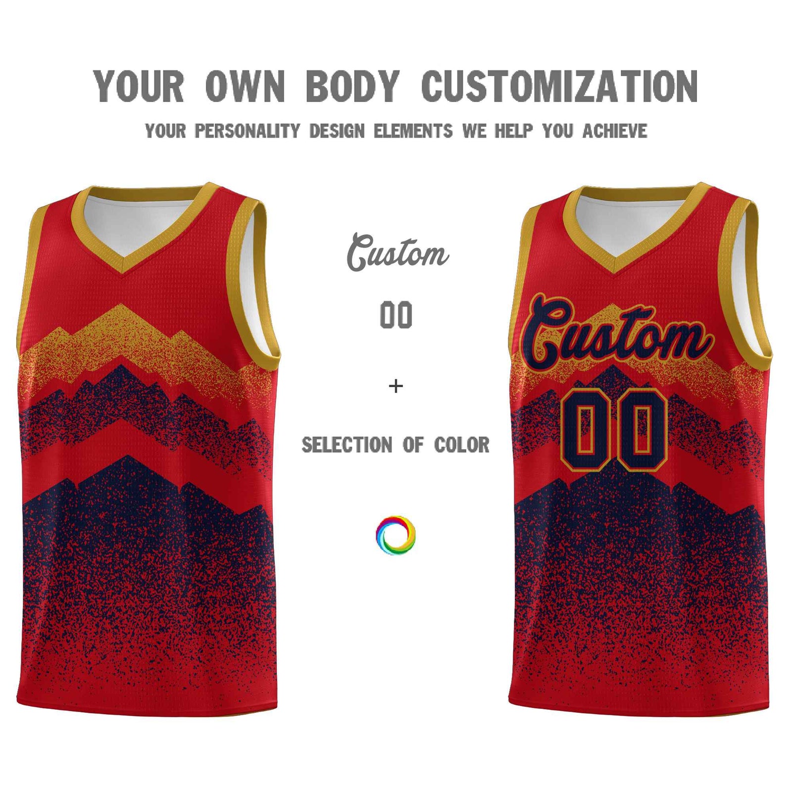 Personalized Youth Basketball Jerseys Red Navy Gradient Mountain Design Uniforms