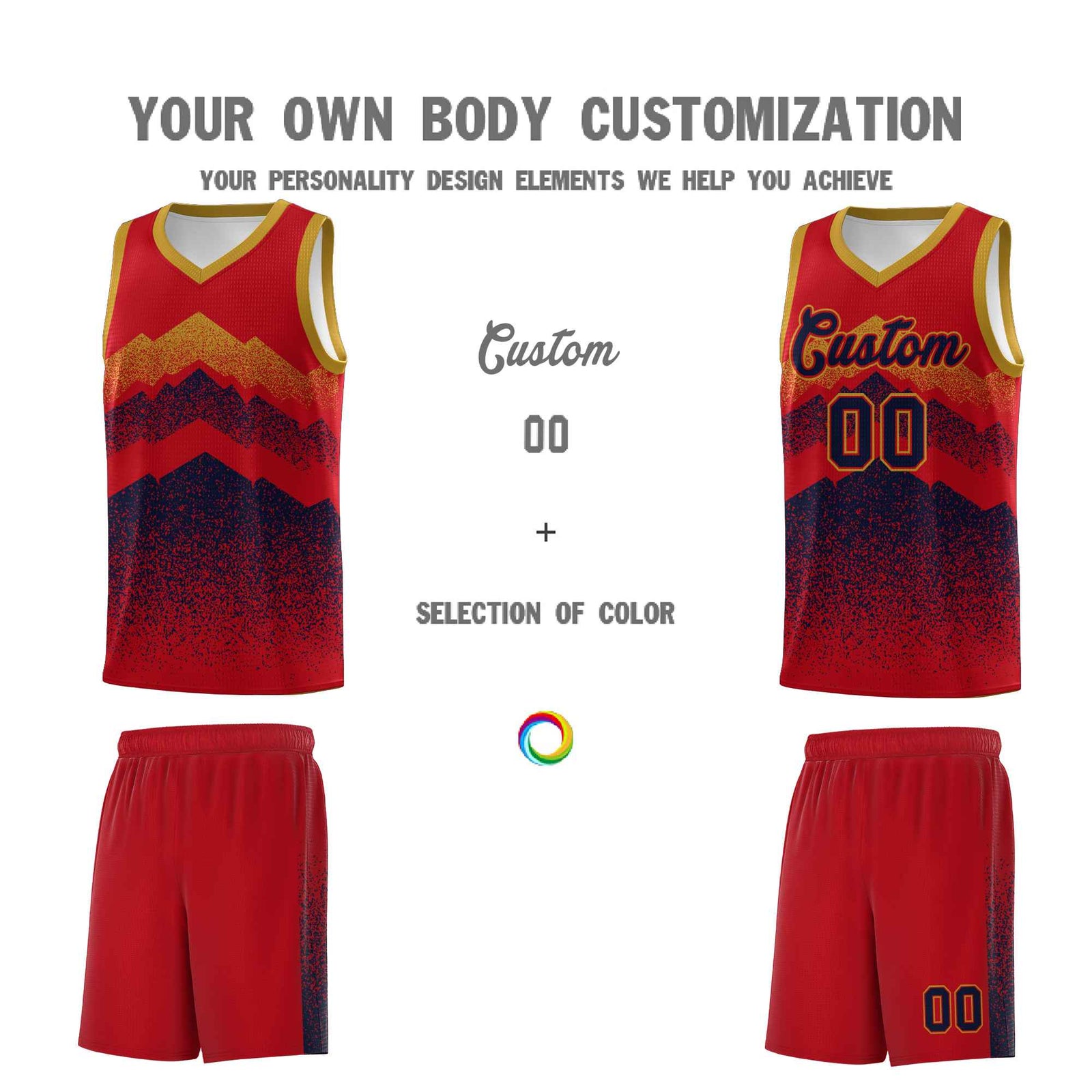 Personalized Youth Basketball Jerseys Red Navy Gradient Mountain Design Uniforms