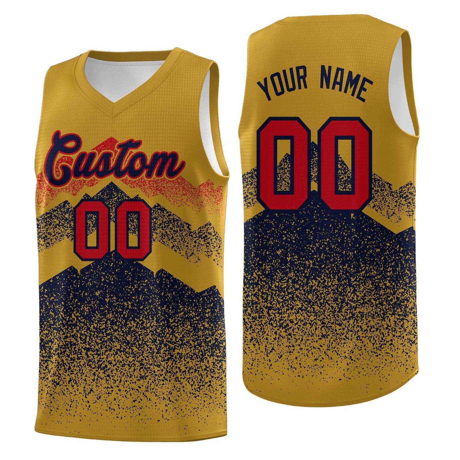 Personalized Youth Basketball Jerseys Old Gold Navy Gradient Mountain Design Uniforms