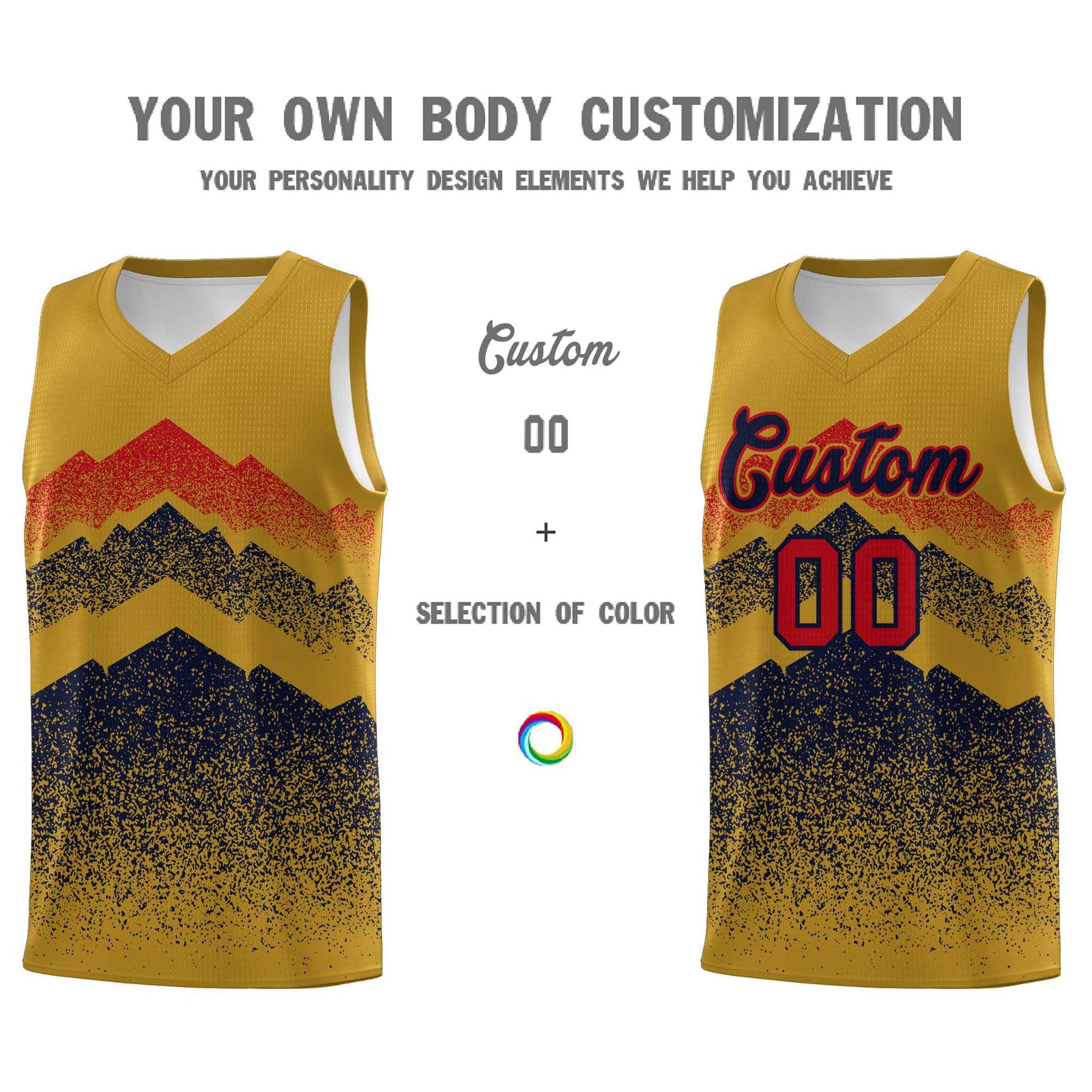 Personalized Youth Basketball Jerseys Old Gold Navy Gradient Mountain Design Uniforms