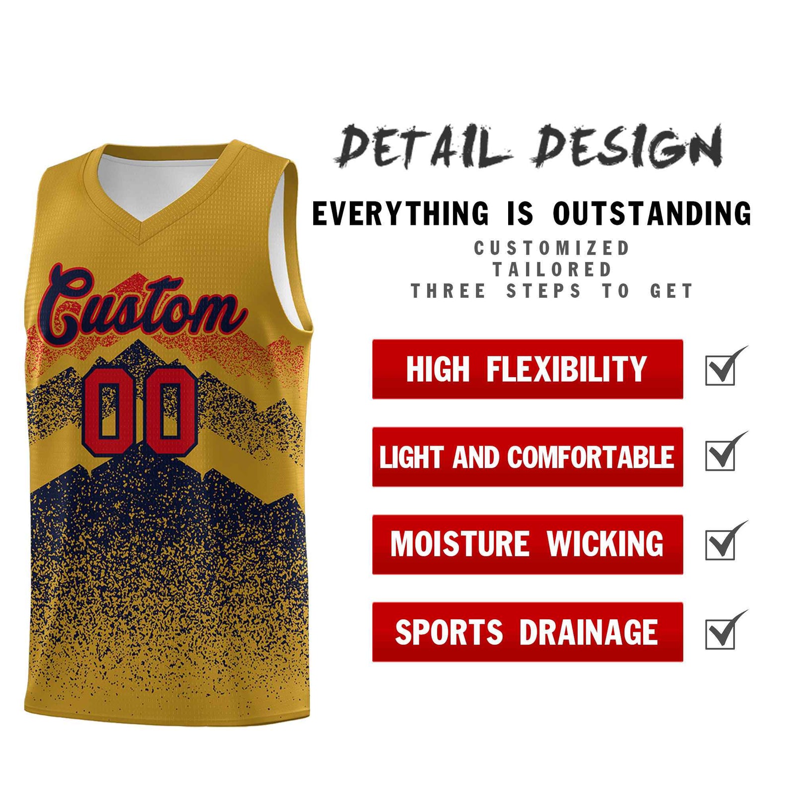 Personalized Youth Basketball Jerseys Old Gold Navy Gradient Mountain Design Uniforms