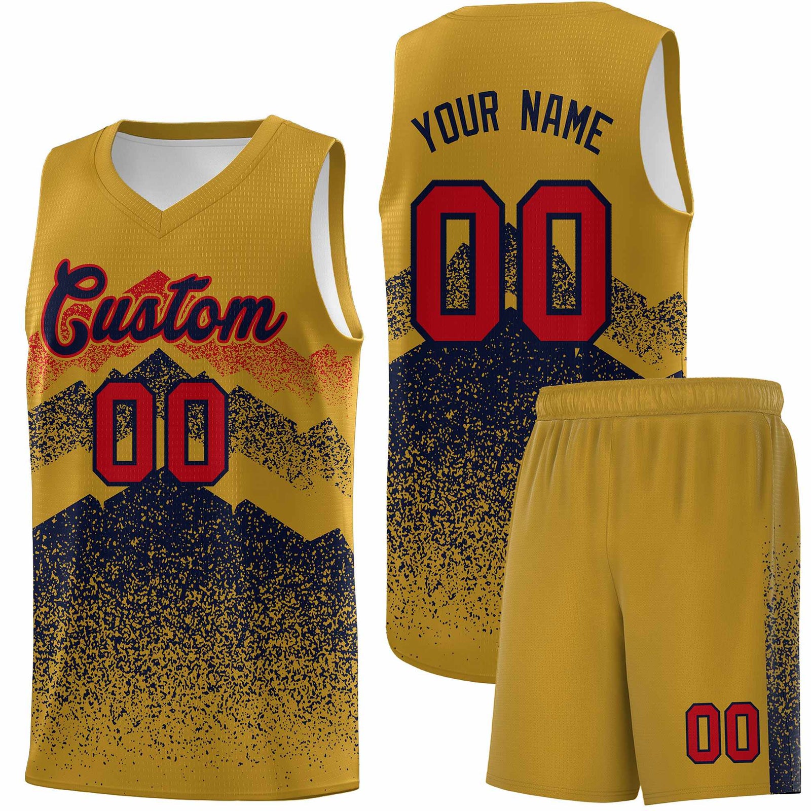 Personalized Youth Basketball Jerseys Old Gold Navy Gradient Mountain Design Uniforms