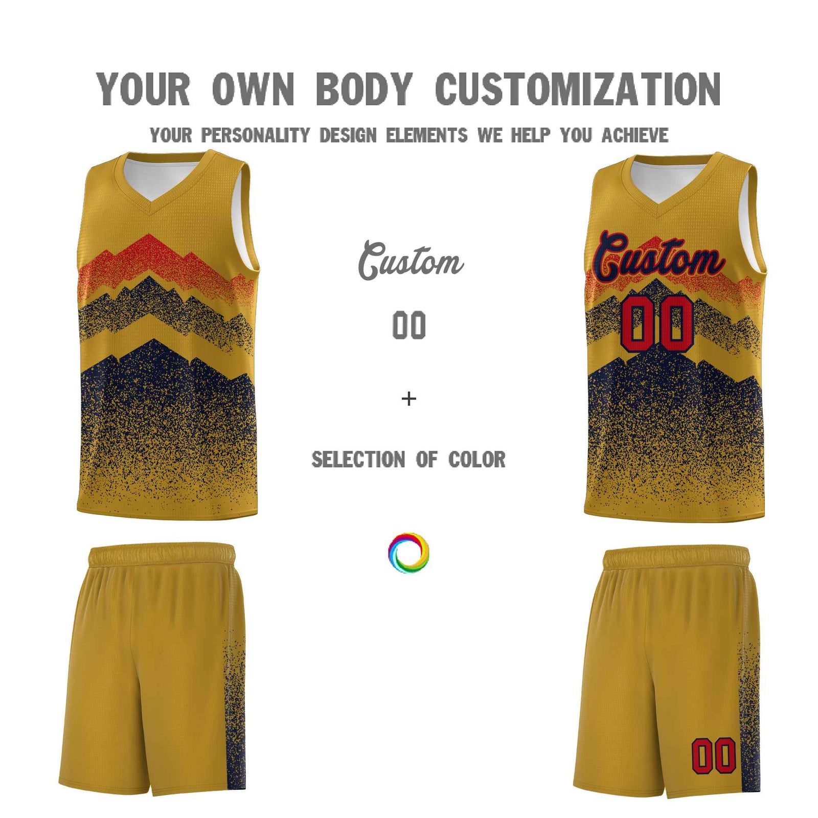 Personalized Youth Basketball Jerseys Old Gold Navy Gradient Mountain Design Uniforms