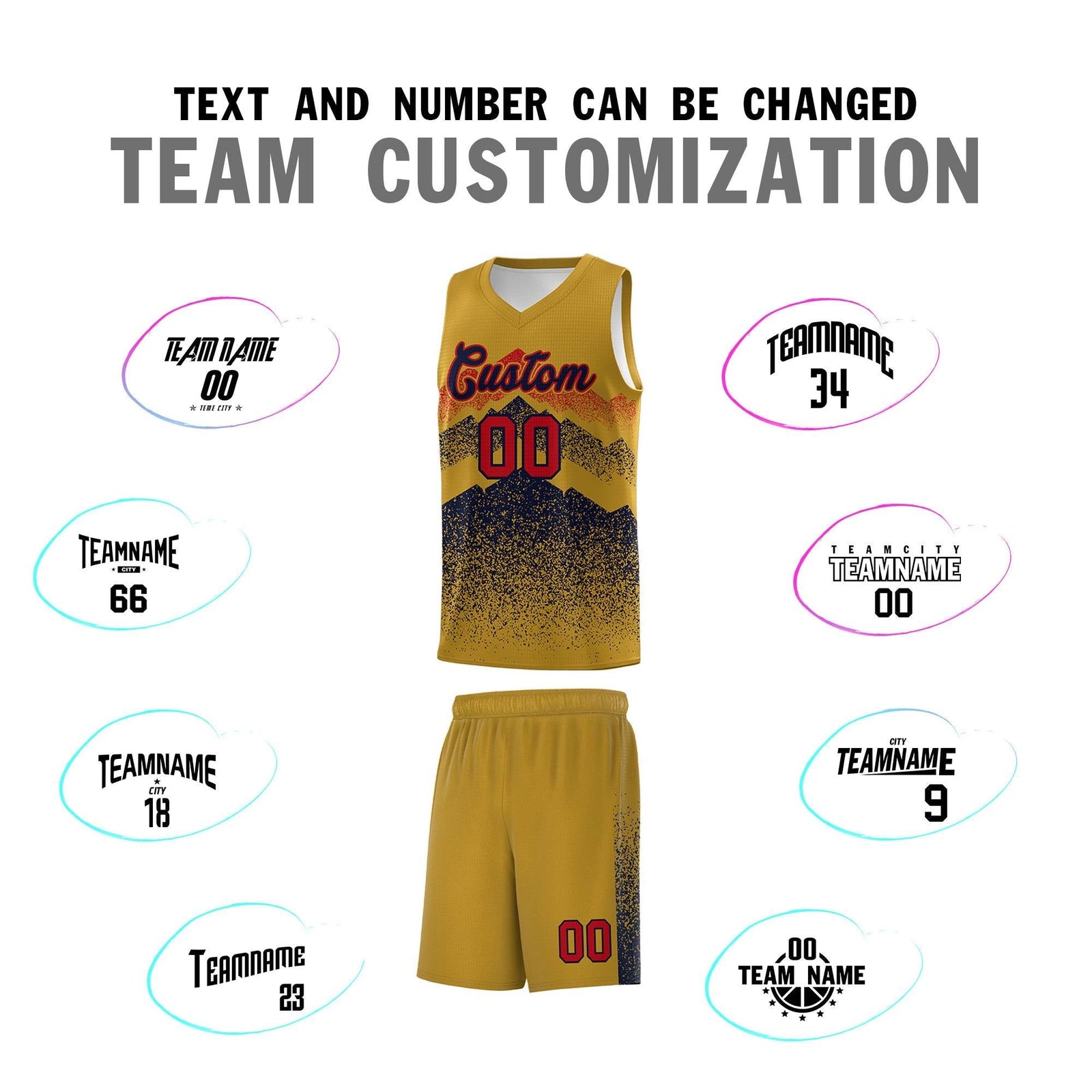 Personalized Youth Basketball Jerseys Old Gold Navy Gradient Mountain Design Uniforms