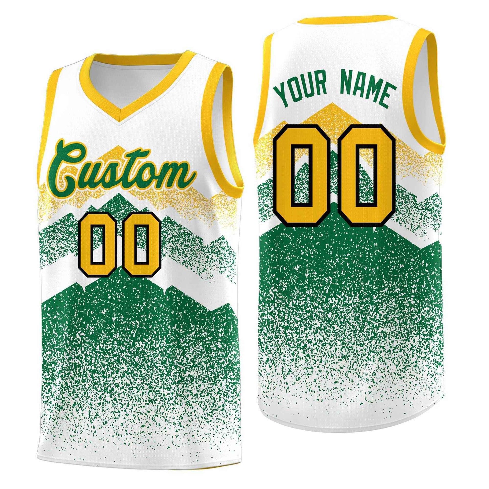 Personalized Youth Basketball Jerseys White Kelly Green Gradient Mountain Design Uniforms