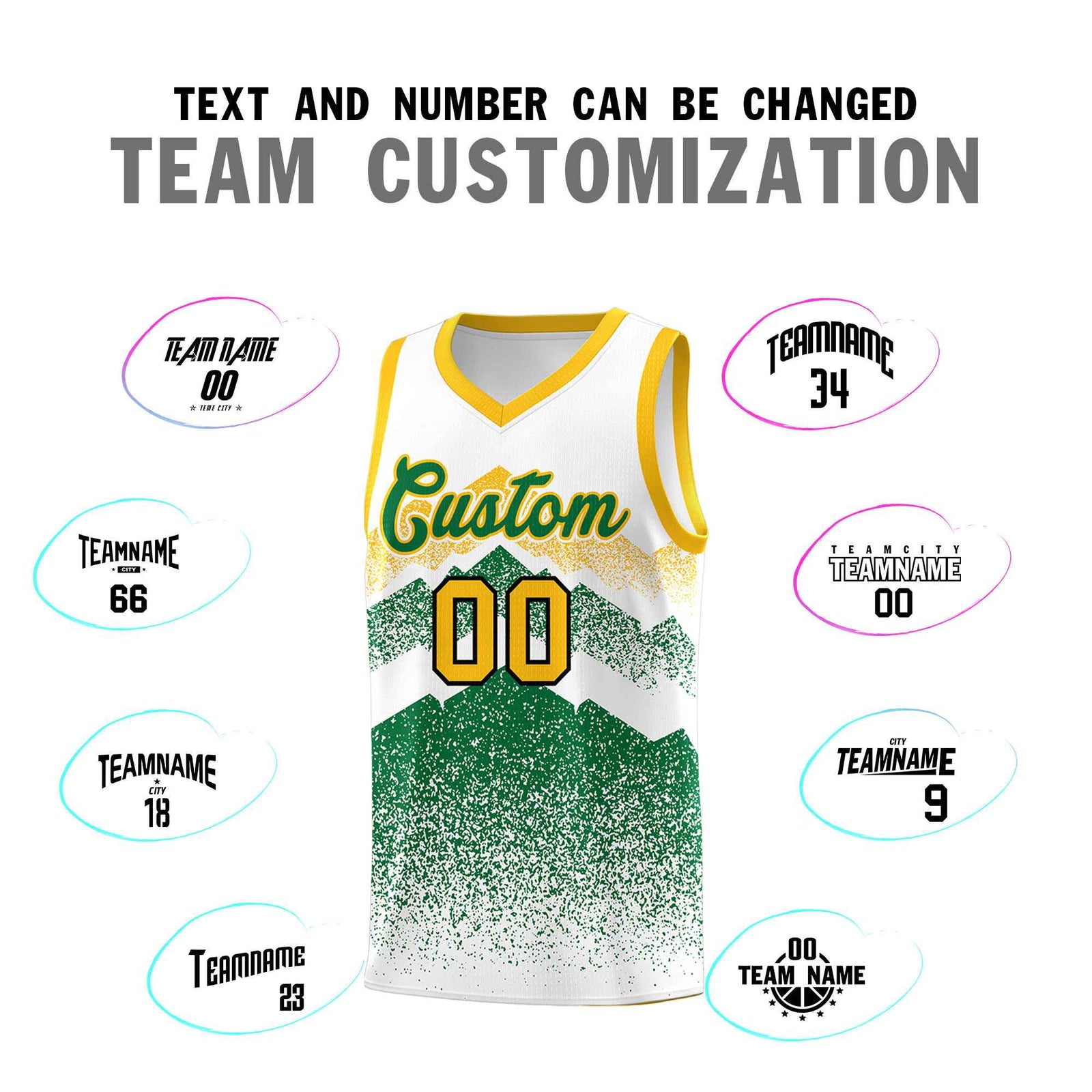 Personalized Youth Basketball Jerseys White Kelly Green Gradient Mountain Design Uniforms