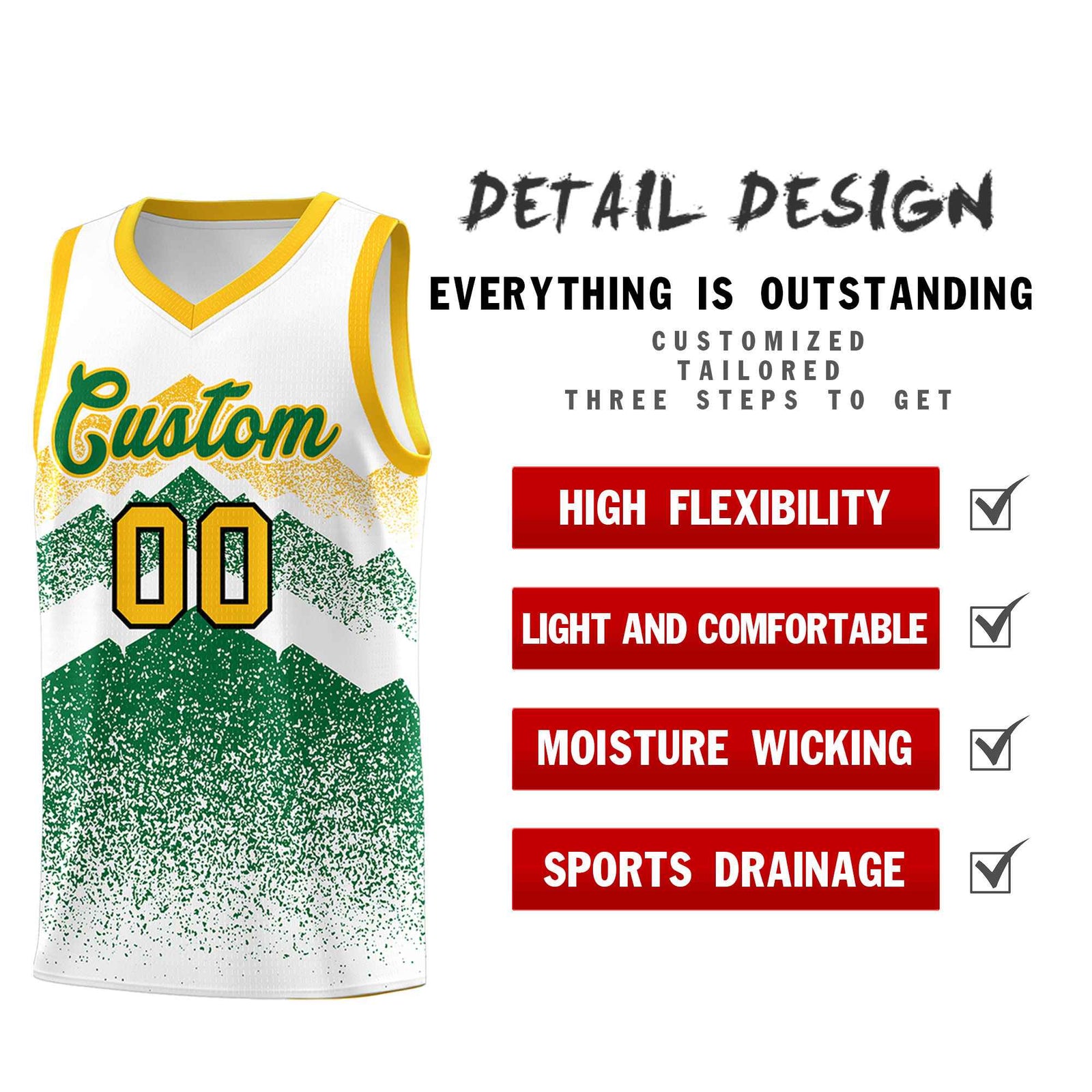 Personalized Youth Basketball Jerseys White Kelly Green Gradient Mountain Design Uniforms