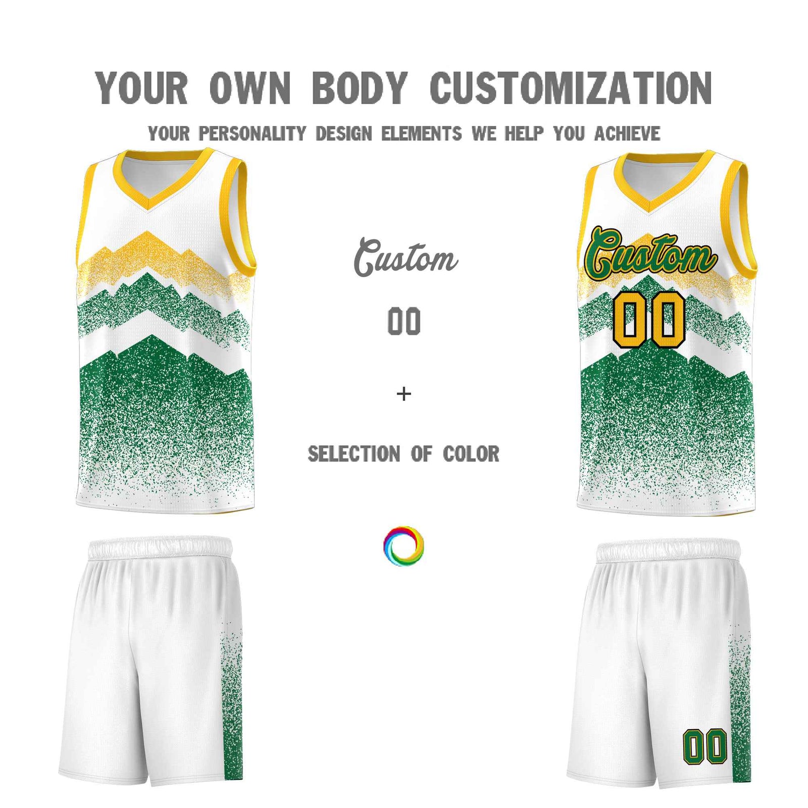 Personalized Youth Basketball Jerseys White Kelly Green Gradient Mountain Design Uniforms