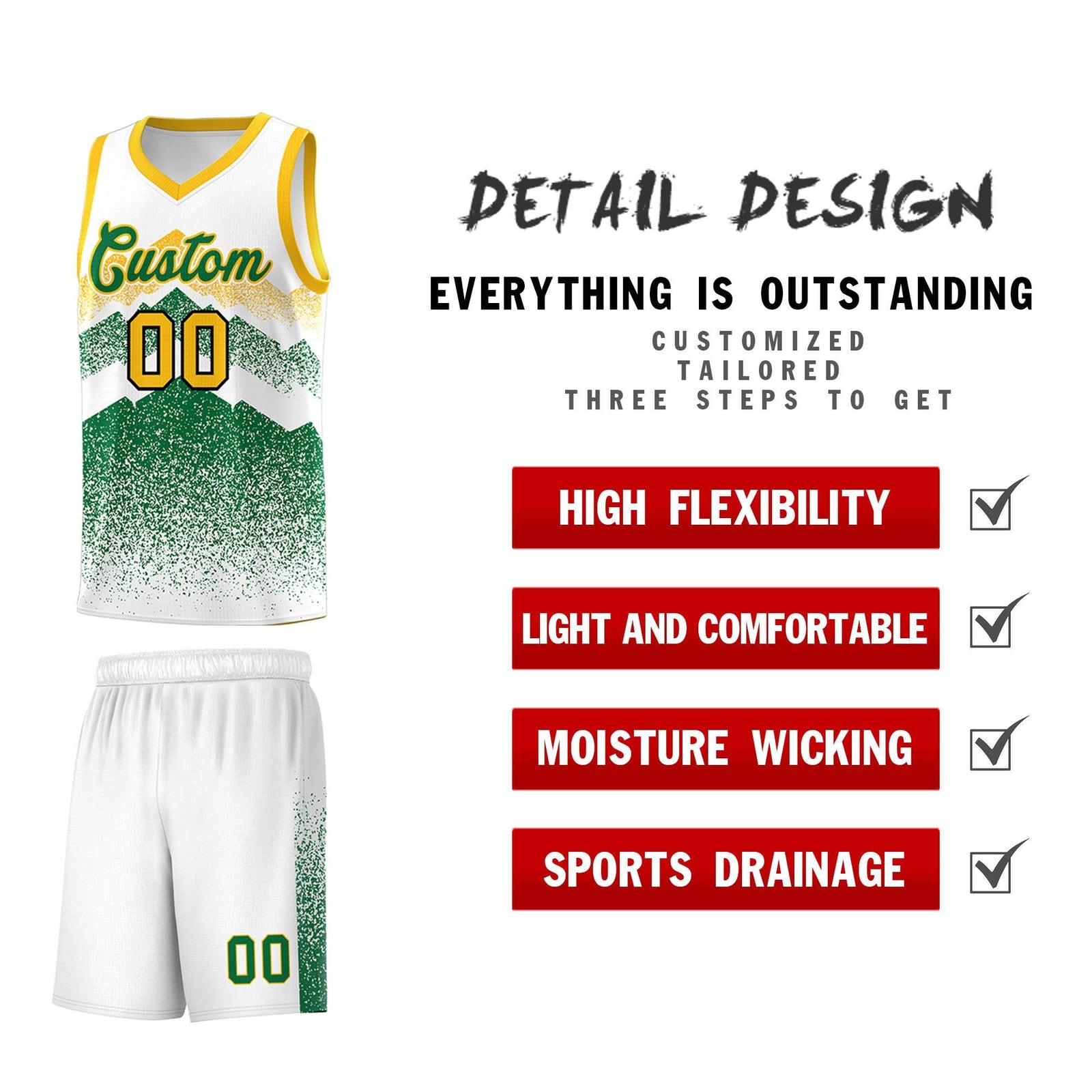 Personalized Youth Basketball Jerseys White Kelly Green Gradient Mountain Design Uniforms