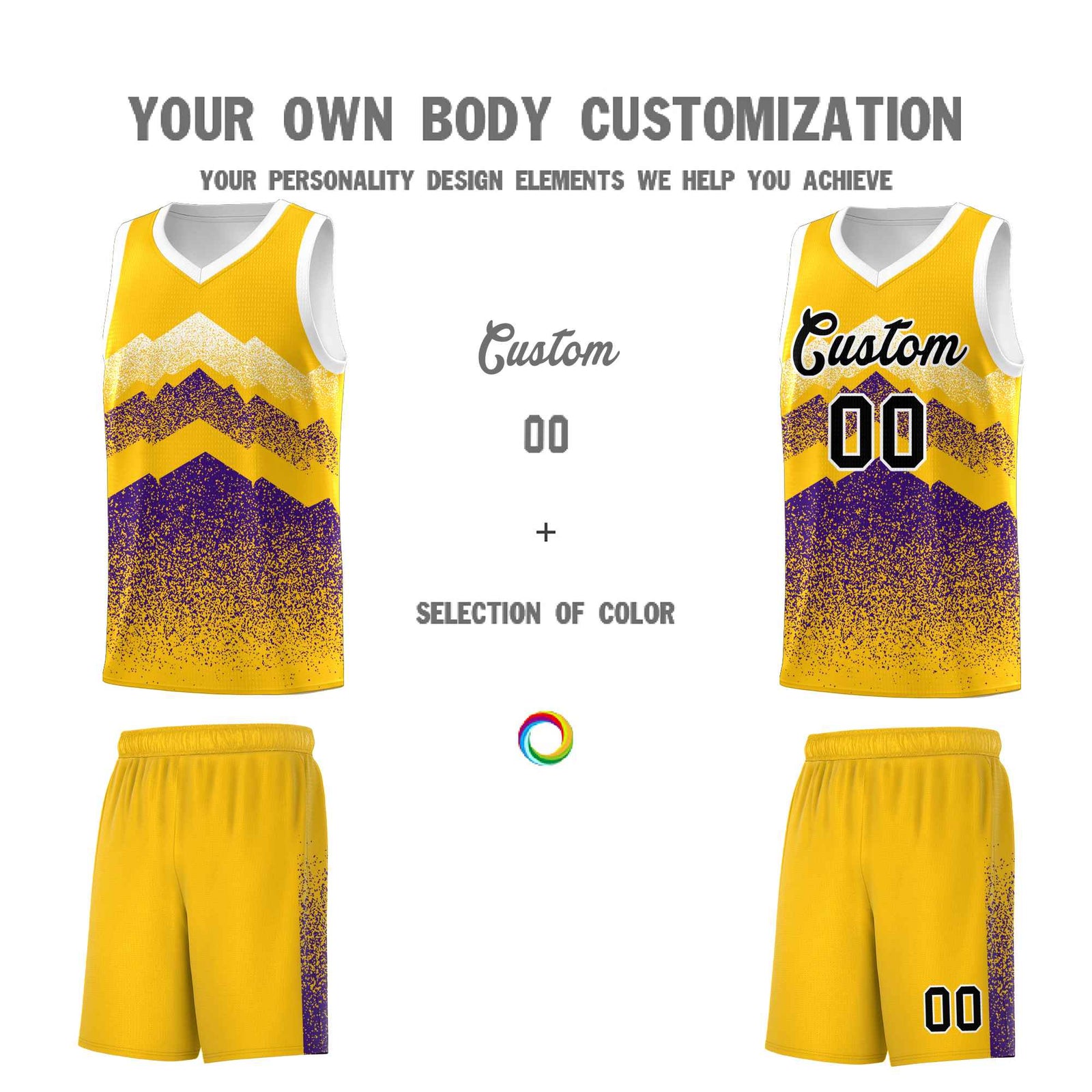 Custom Youth Basketball Jerseys Gold Purple Gradient Mountain Design Uniforms