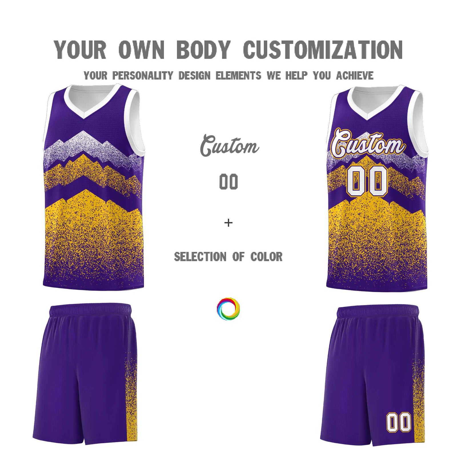 Personalized Youth Basketball Jerseys Purple Gold Gradient Mountain Design Uniforms