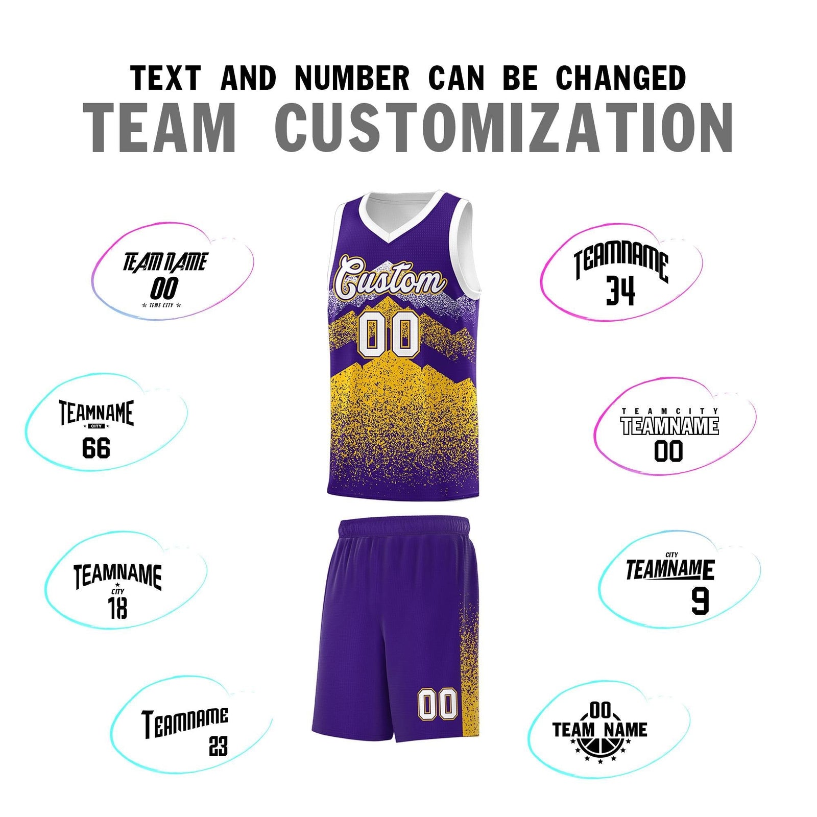 Personalized Youth Basketball Jerseys Purple Gold Gradient Mountain Design Uniforms