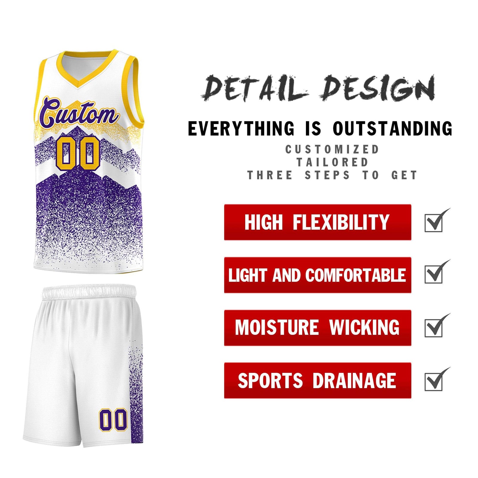 Custom Youth Basketball Jerseys White Purple Gradient Mountain Design Uniforms