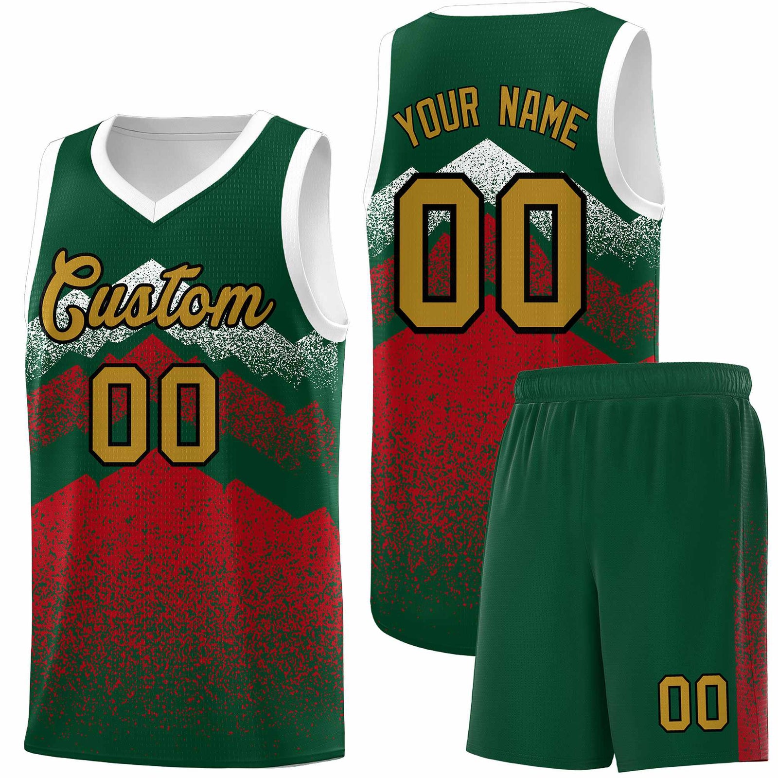 Personalized Youth Basketball Jerseys Green Red Gradient Mountain Design Uniforms