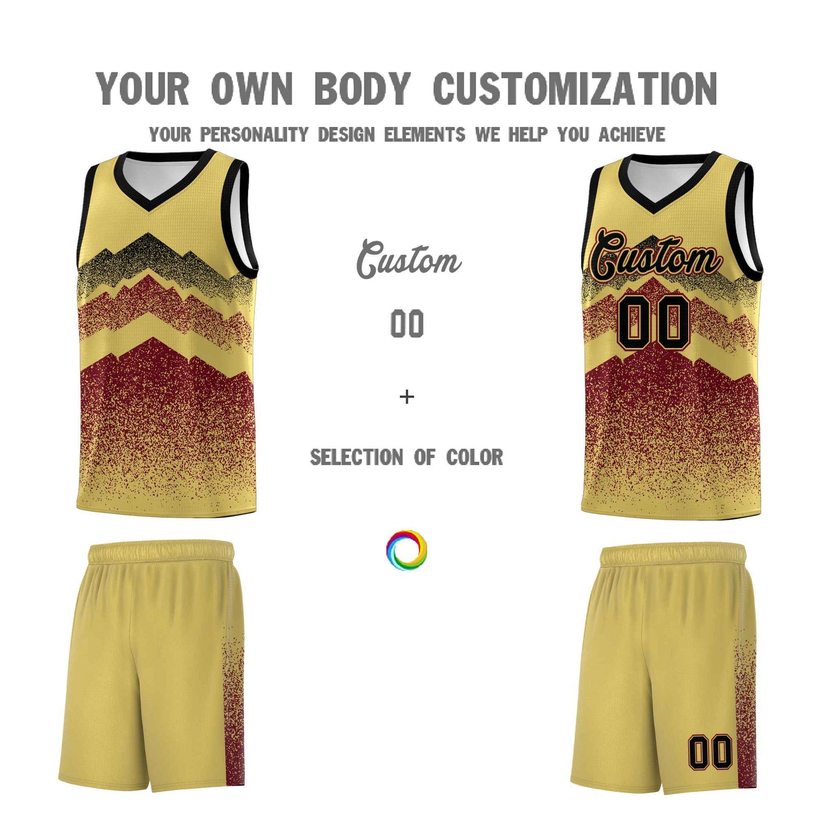 Personalized Youth Basketball Jerseys Khaki Crimson Gradient Mountain Design Uniforms