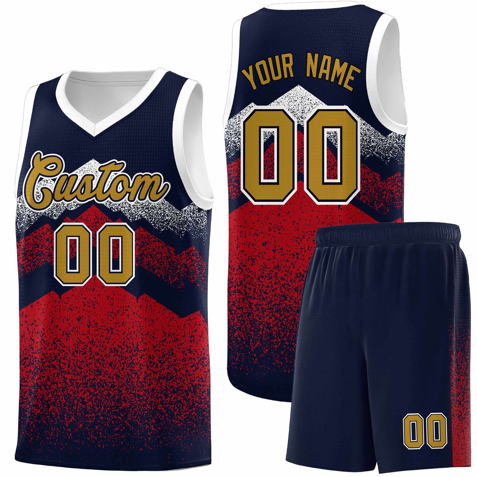 Personalized Youth Basketball Jerseys Navy Red Gradient Mountain Design Uniforms