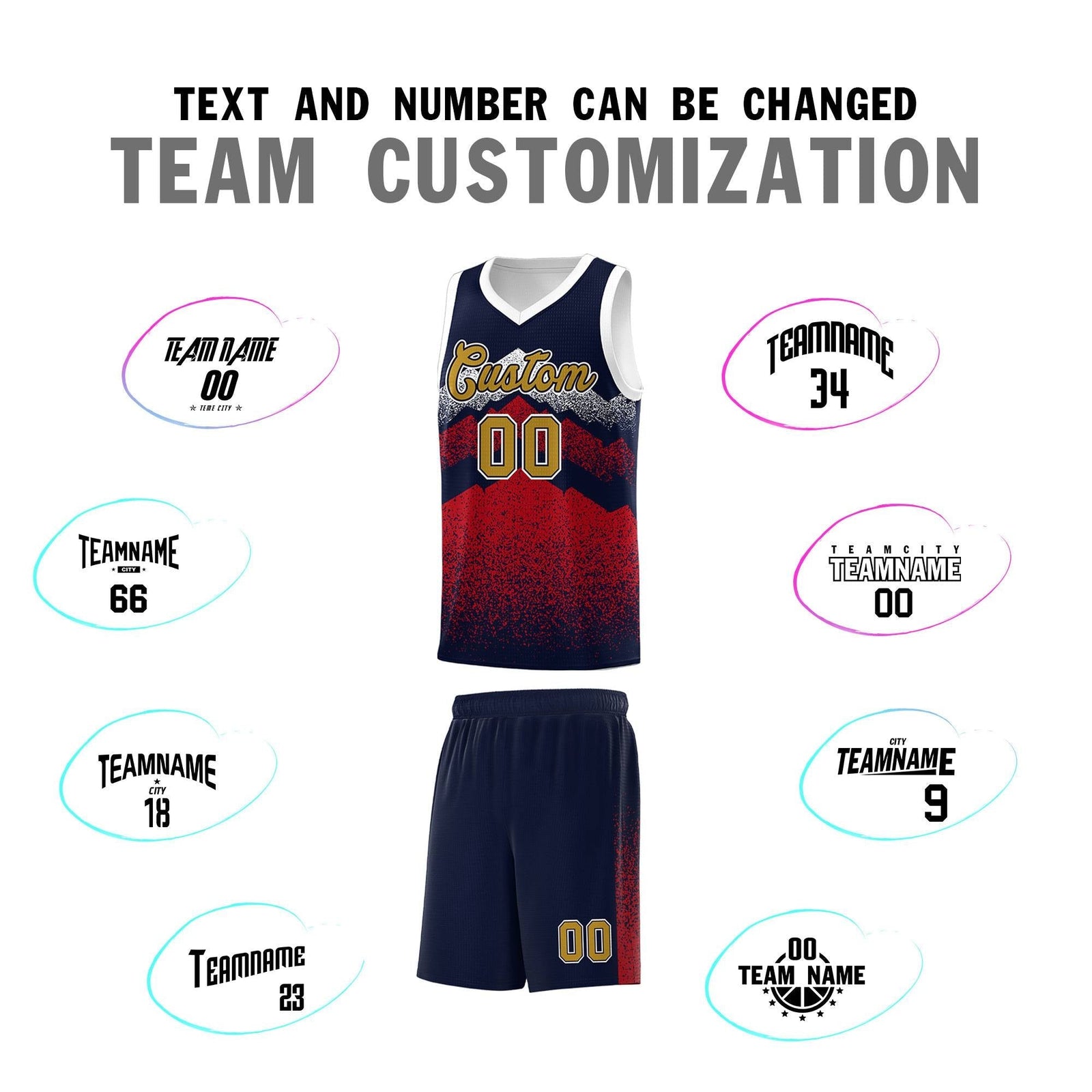 Personalized Youth Basketball Jerseys Navy Red Gradient Mountain Design Uniforms