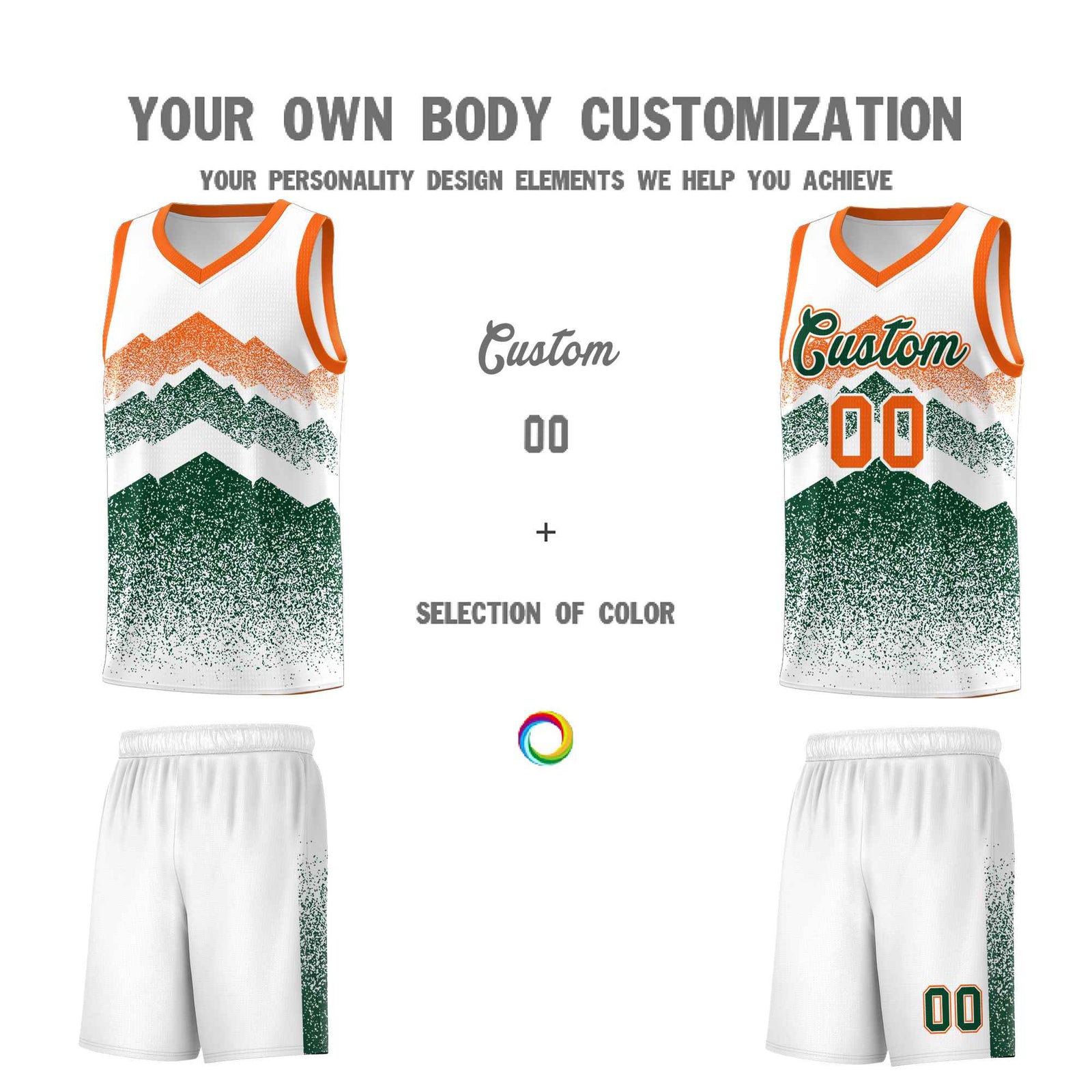 Custom Youth Basketball Jerseys White Green Gradient Mountain Design Uniforms