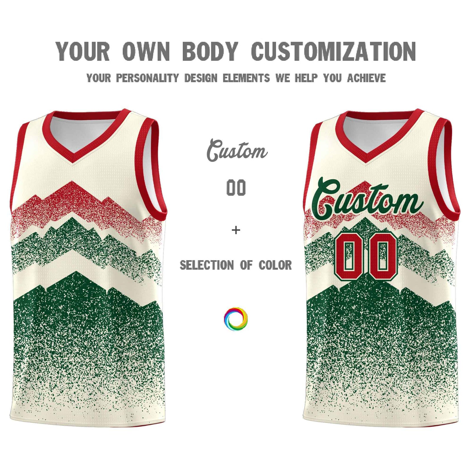 Personalized Youth Basketball Jerseys Cream Green Gradient Mountain Design Uniforms