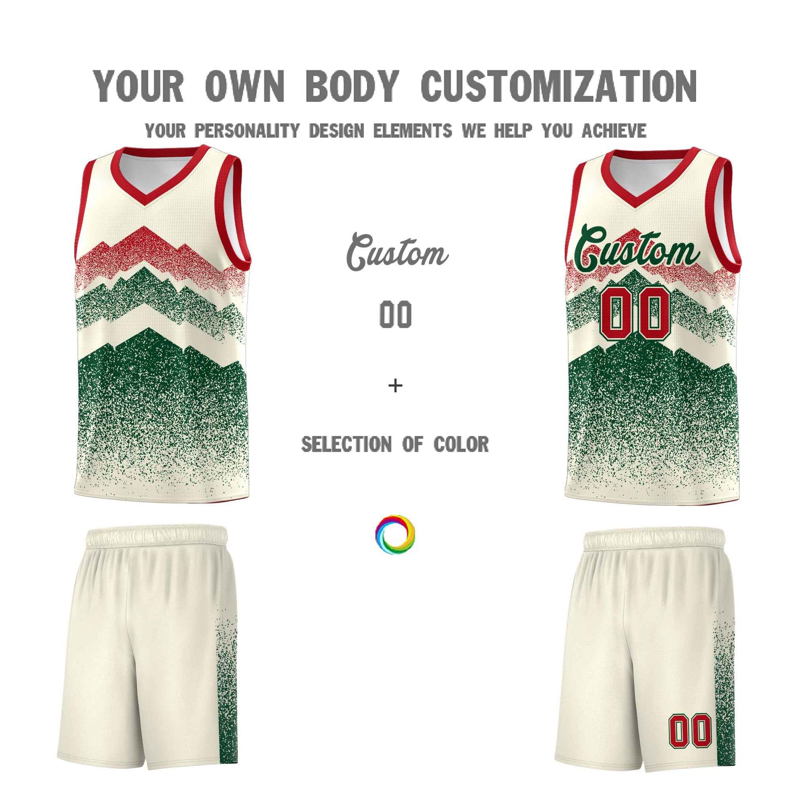 Personalized Youth Basketball Jerseys Cream Green Gradient Mountain Design Uniforms