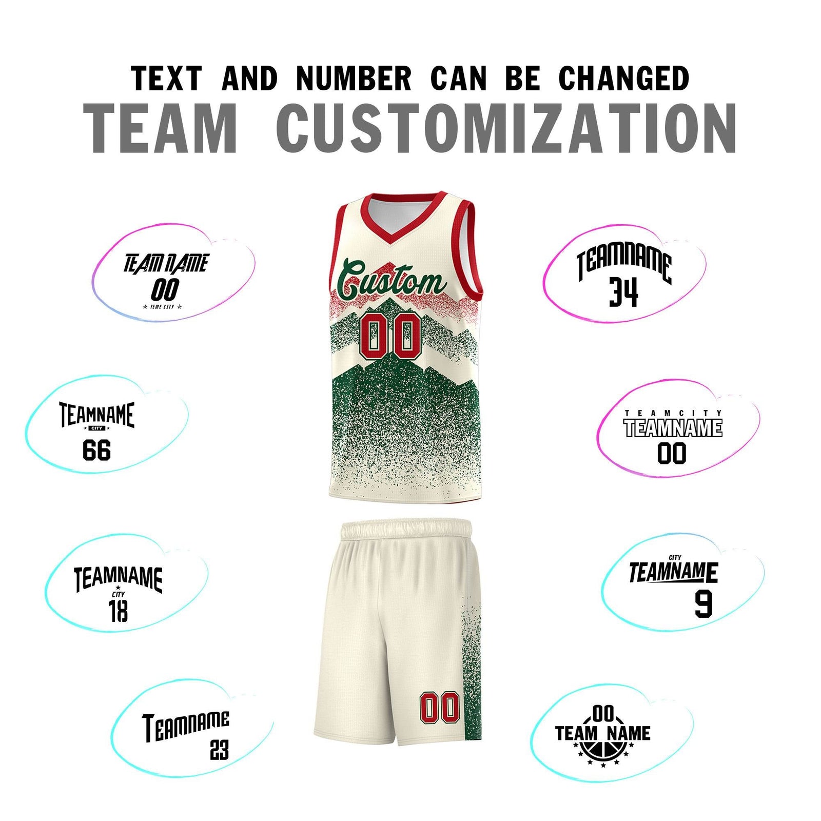 Personalized Youth Basketball Jerseys Cream Green Gradient Mountain Design Uniforms