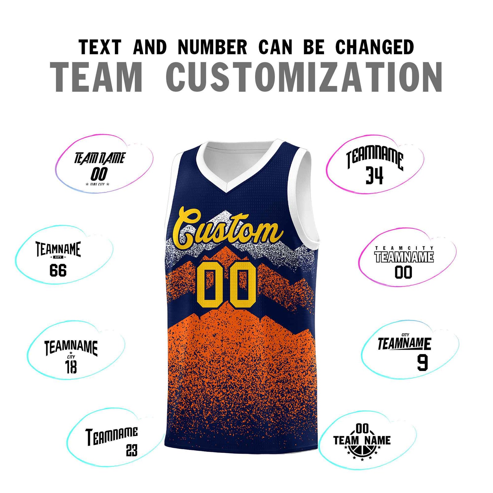 Personalized Youth Basketball Jerseys Navy Orange Gradient Mountain Design Uniforms