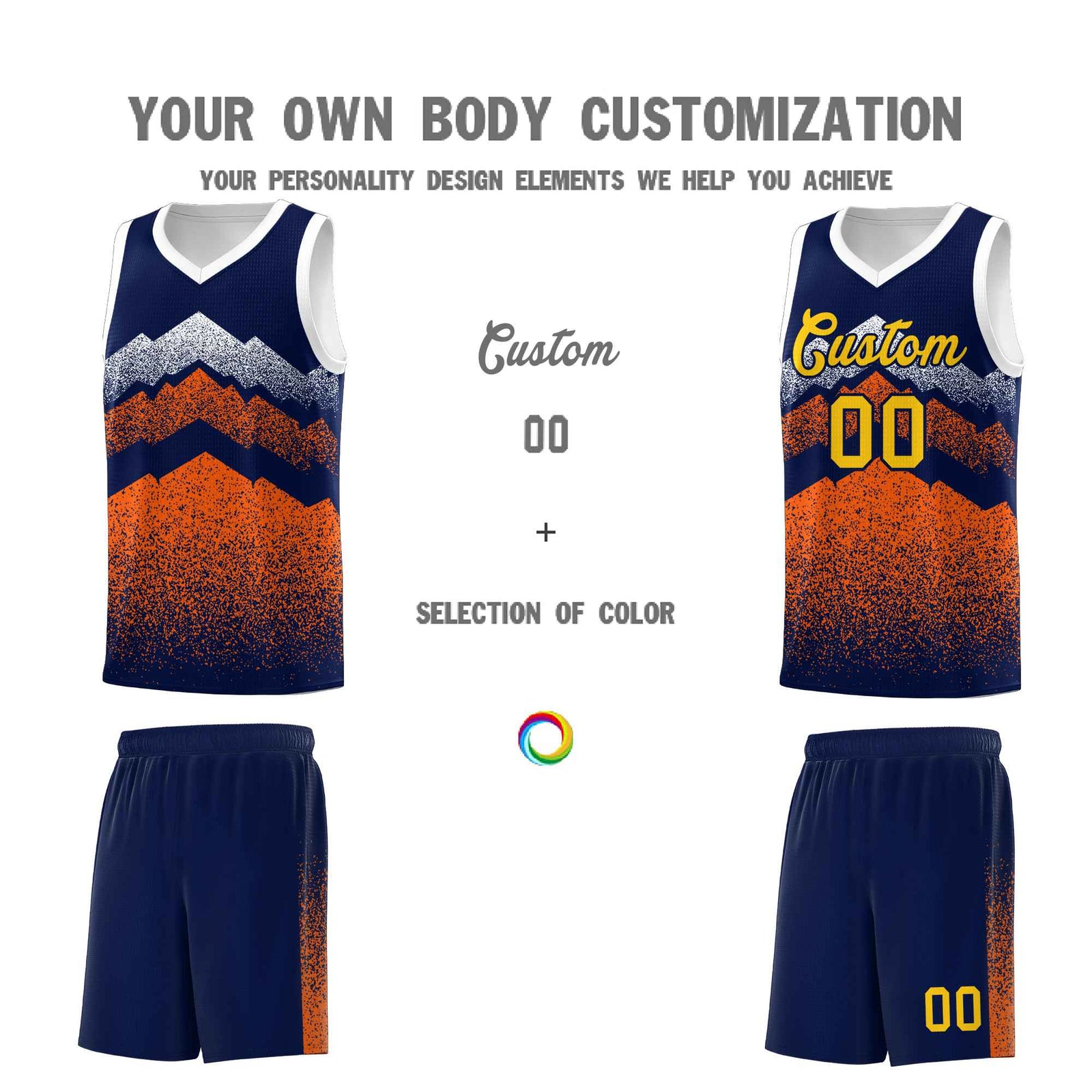 Personalized Youth Basketball Jerseys Navy Orange Gradient Mountain Design Uniforms