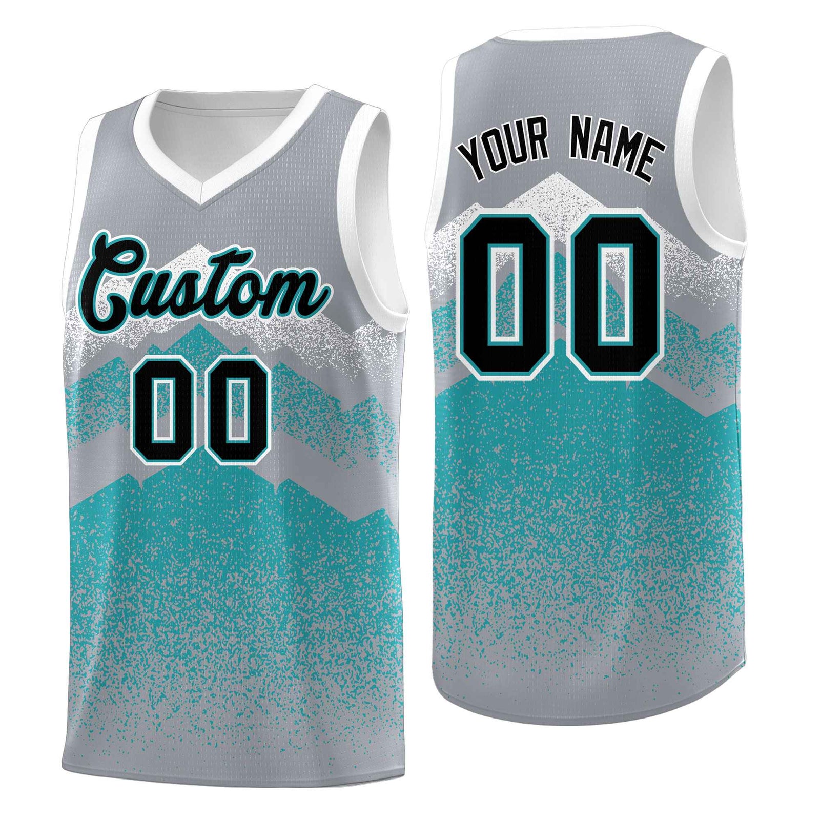 Personalized Youth Basketball Jerseys Silver Teal Gradient Mountain Design Uniforms