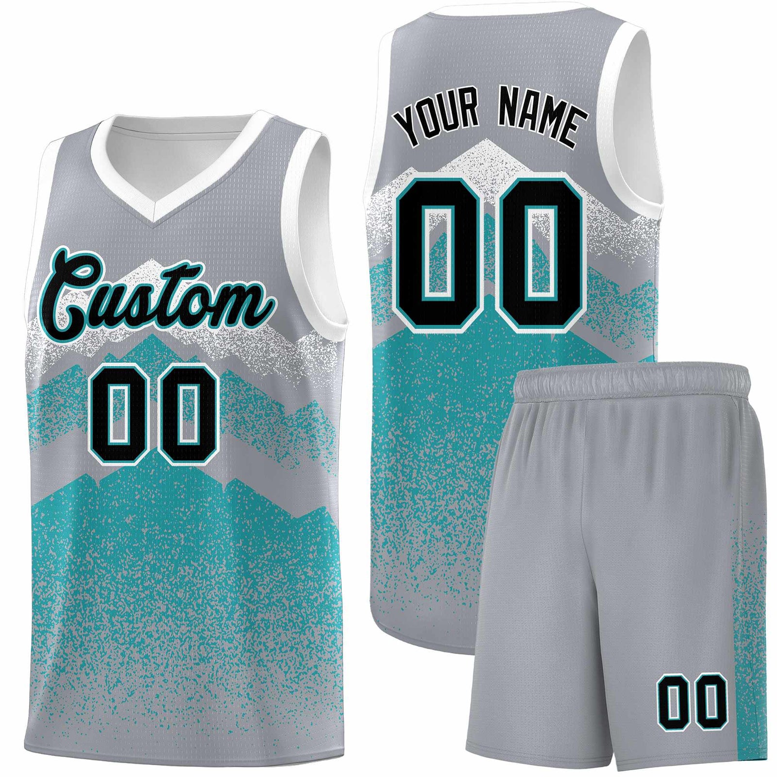 Personalized Youth Basketball Jerseys Silver Teal Gradient Mountain Design Uniforms