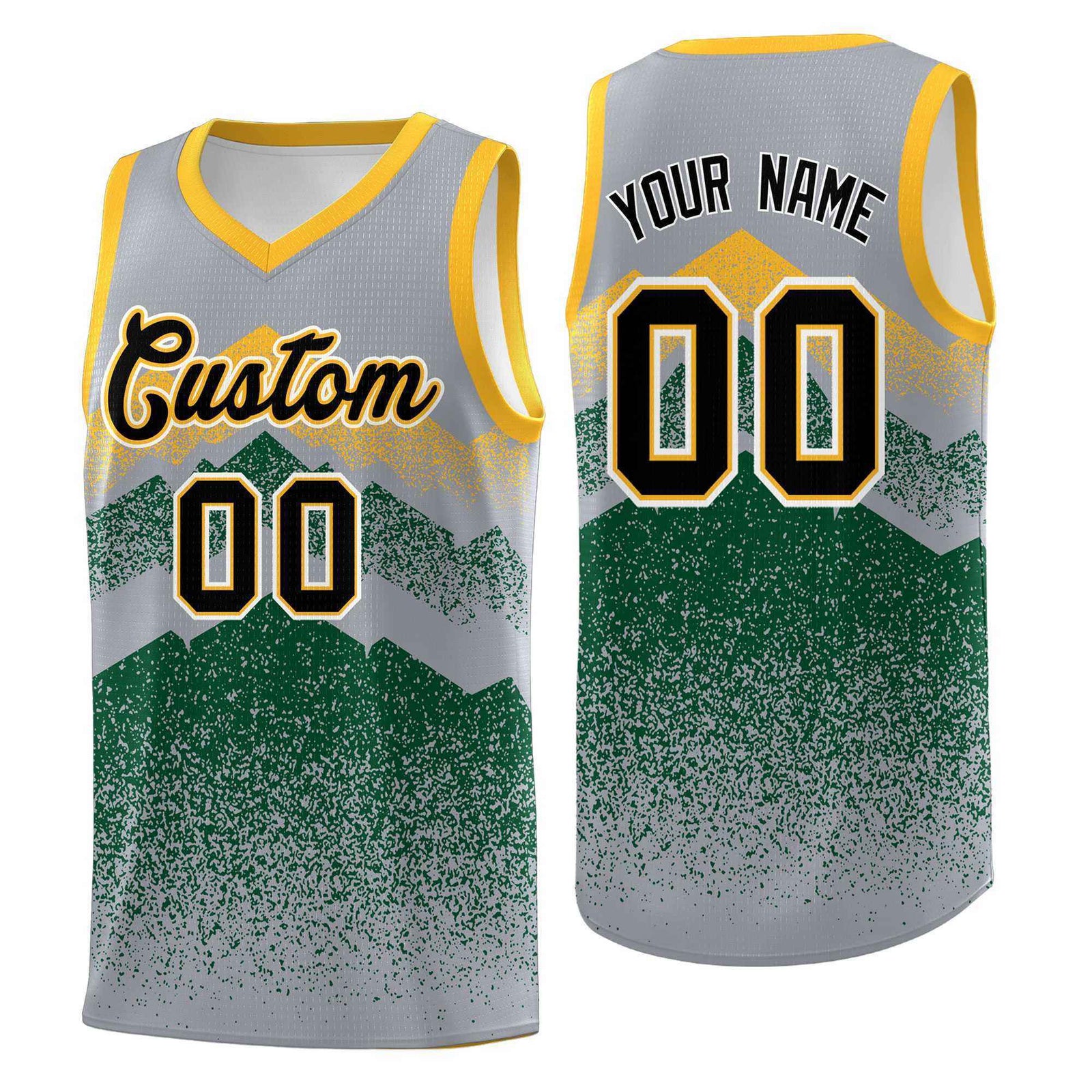 Personalized Youth Basketball Jerseys Gray Green Gradient Mountain Design Uniforms