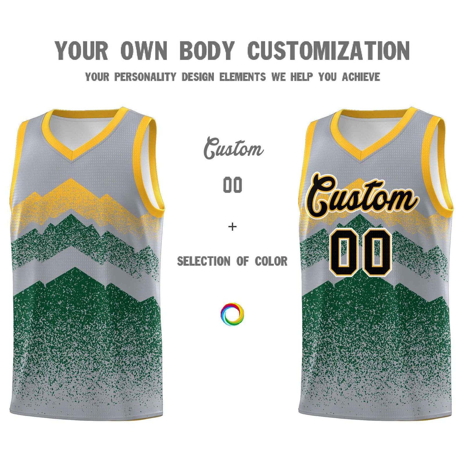 Personalized Youth Basketball Jerseys Gray Green Gradient Mountain Design Uniforms