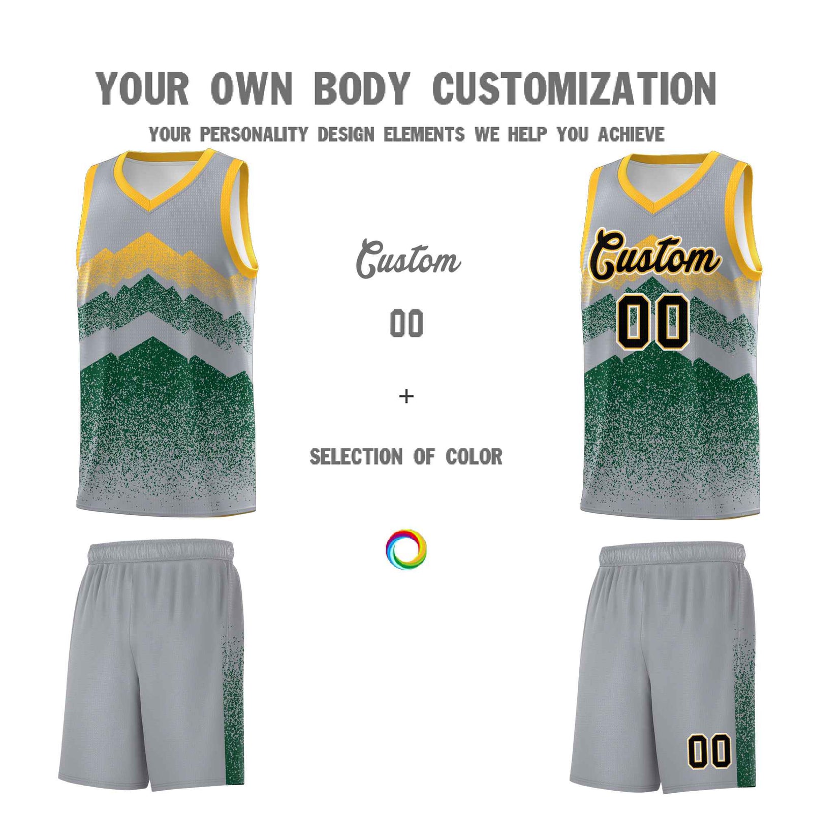 Personalized Youth Basketball Jerseys Gray Green Gradient Mountain Design Uniforms