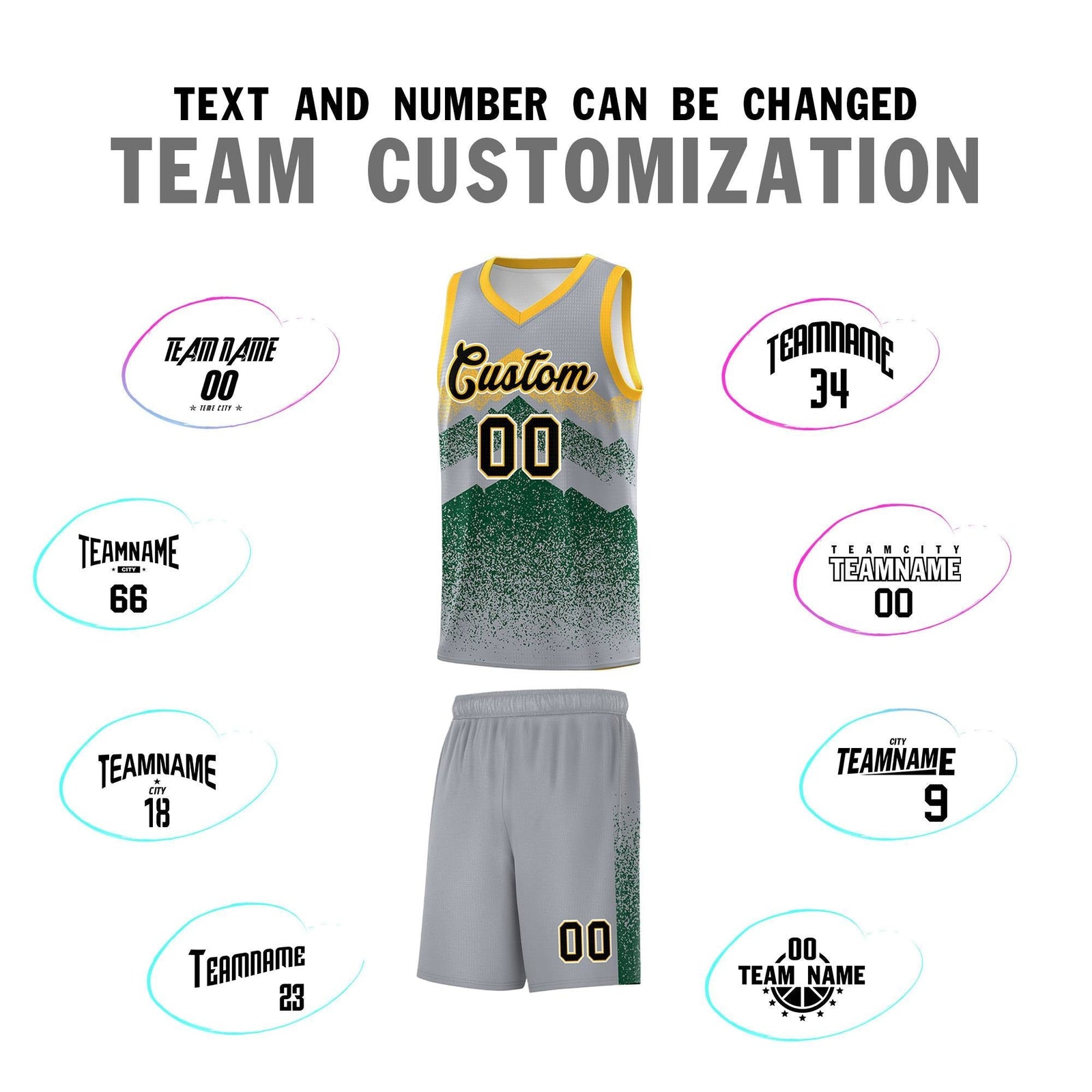 Personalized Youth Basketball Jerseys Gray Green Gradient Mountain Design Uniforms