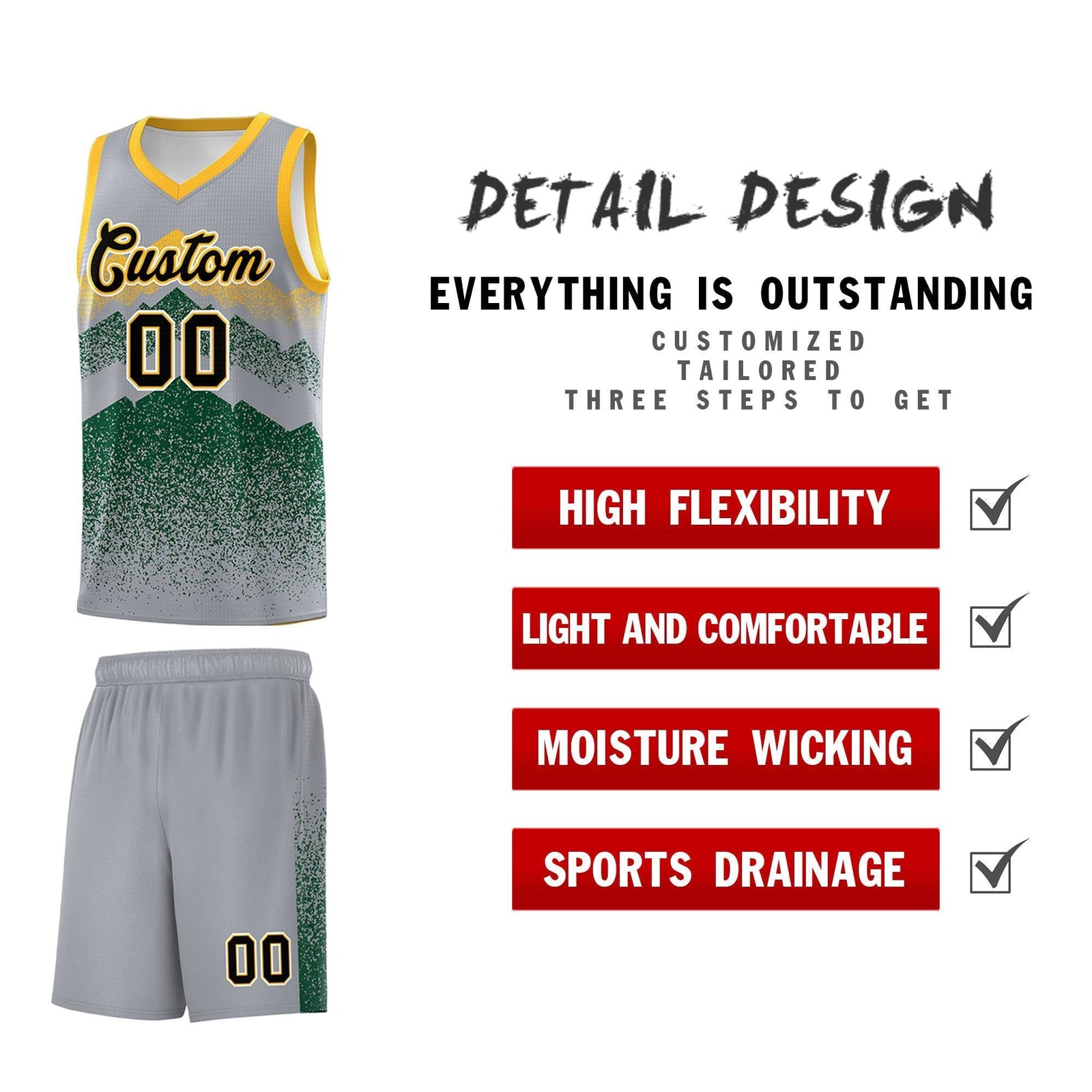 Personalized Youth Basketball Jerseys Gray Green Gradient Mountain Design Uniforms