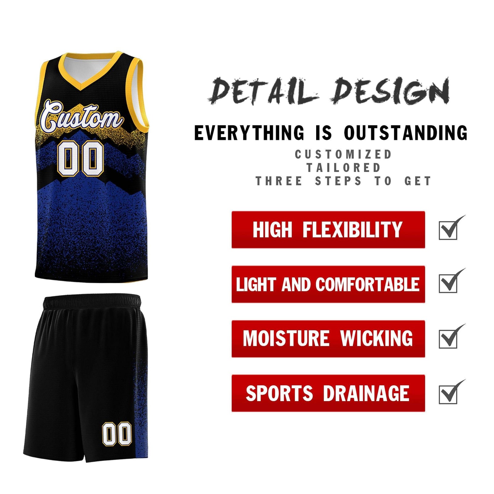 Personalized Youth Basketball Jerseys Black Royal Gradient Mountain Design Uniforms