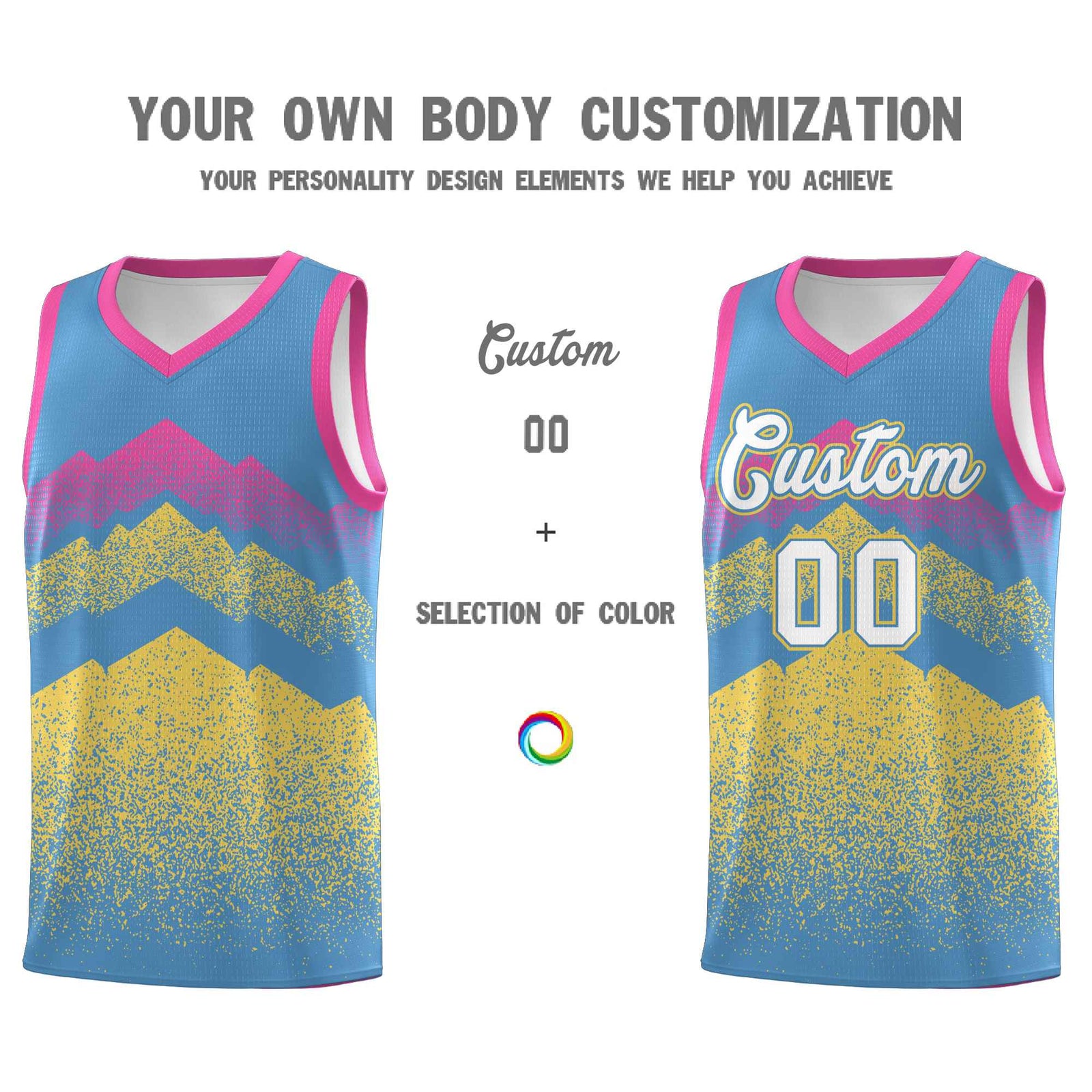 Personalized Youth Basketball Jerseys Light Blue Khaki Gradient Mountain Design Uniforms