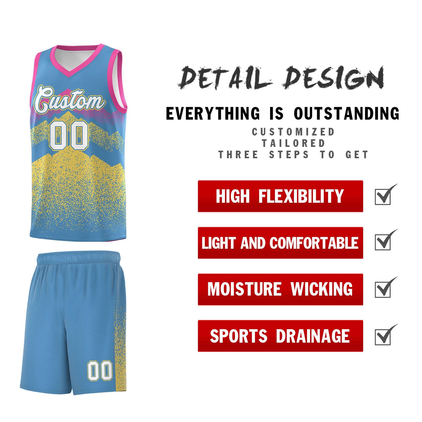 Personalized Youth Basketball Jerseys Light Blue Khaki Gradient Mountain Design Uniforms
