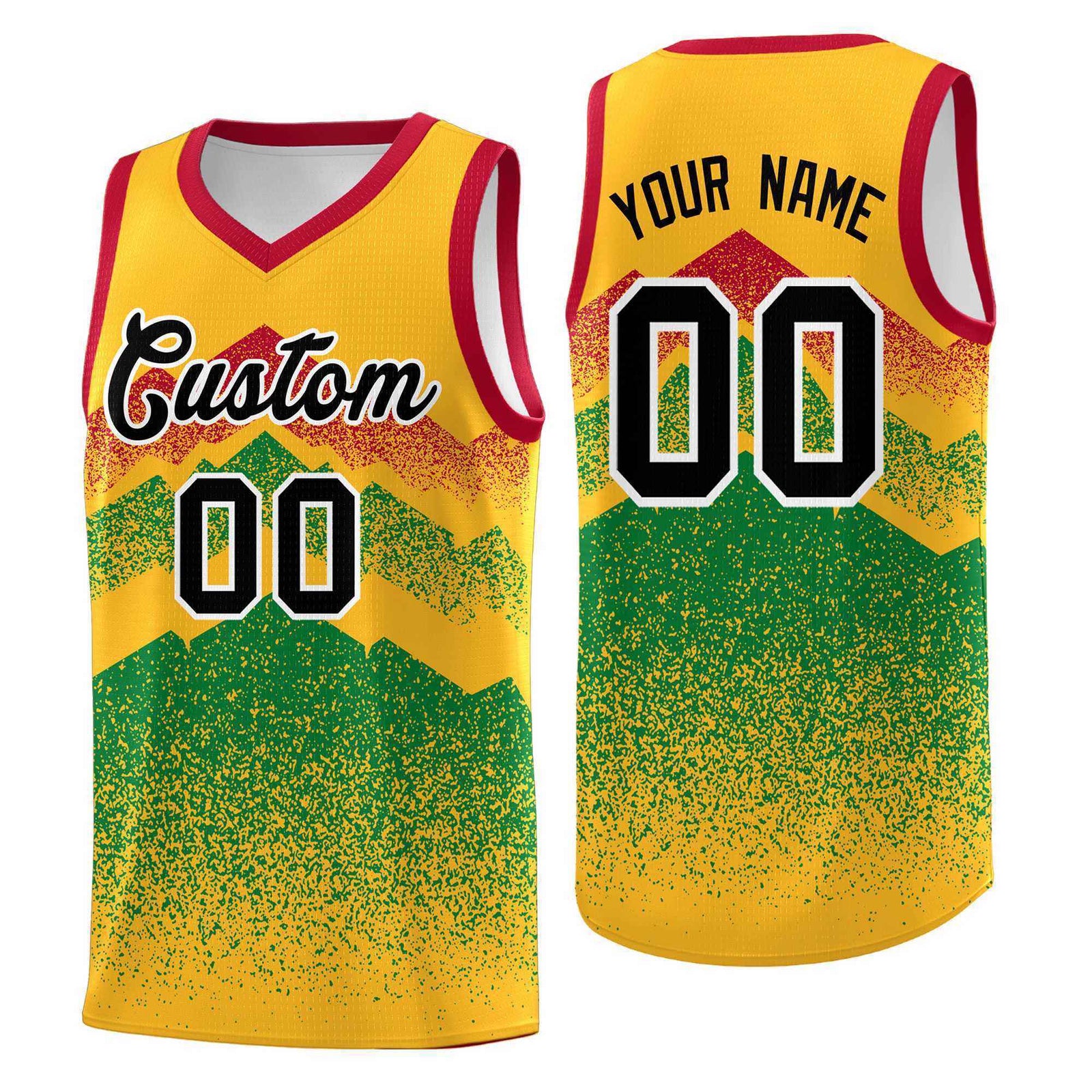 Personalized Youth Basketball Jerseys Gold Kelly Green Gradient Mountain Design Uniforms