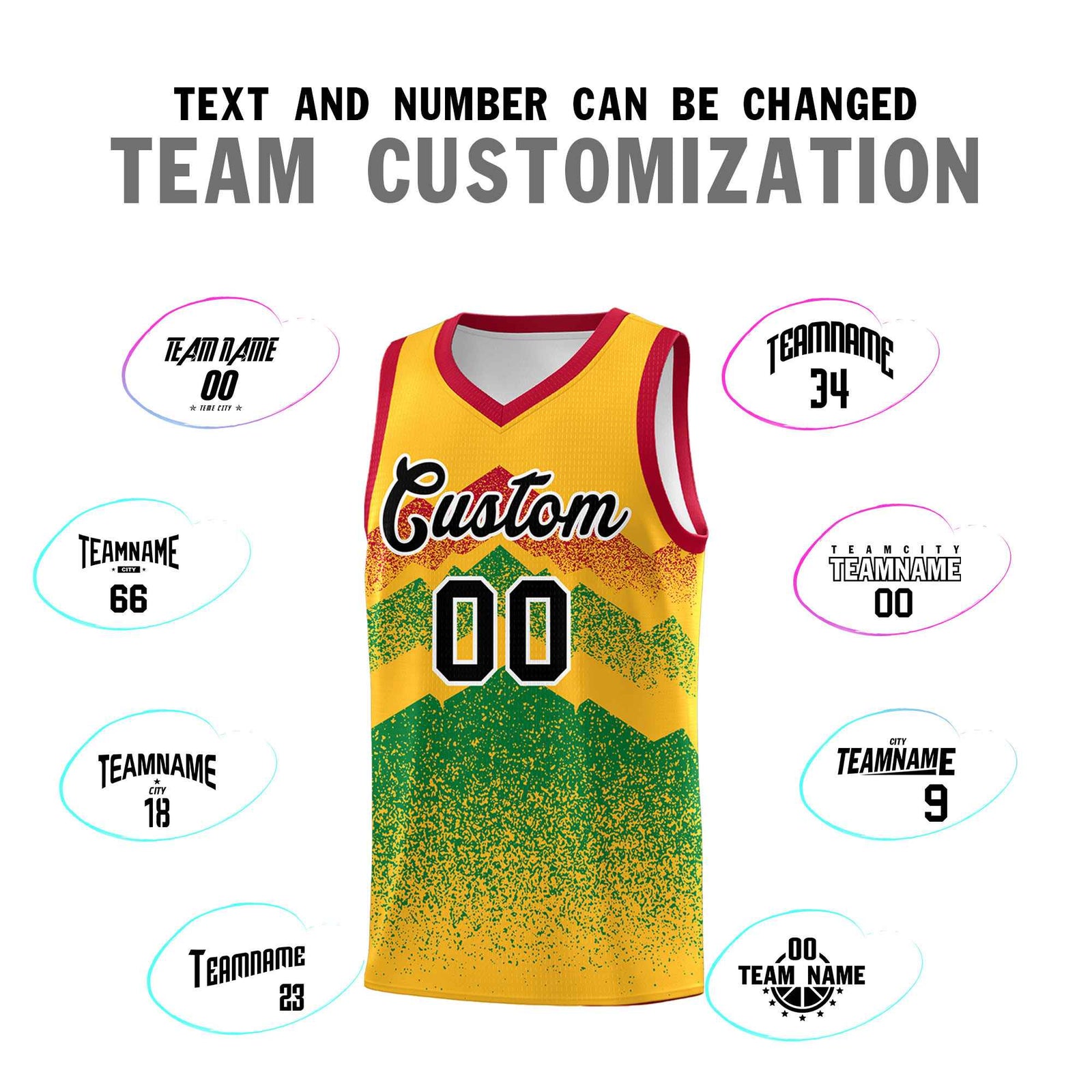 Personalized Youth Basketball Jerseys Gold Kelly Green Gradient Mountain Design Uniforms