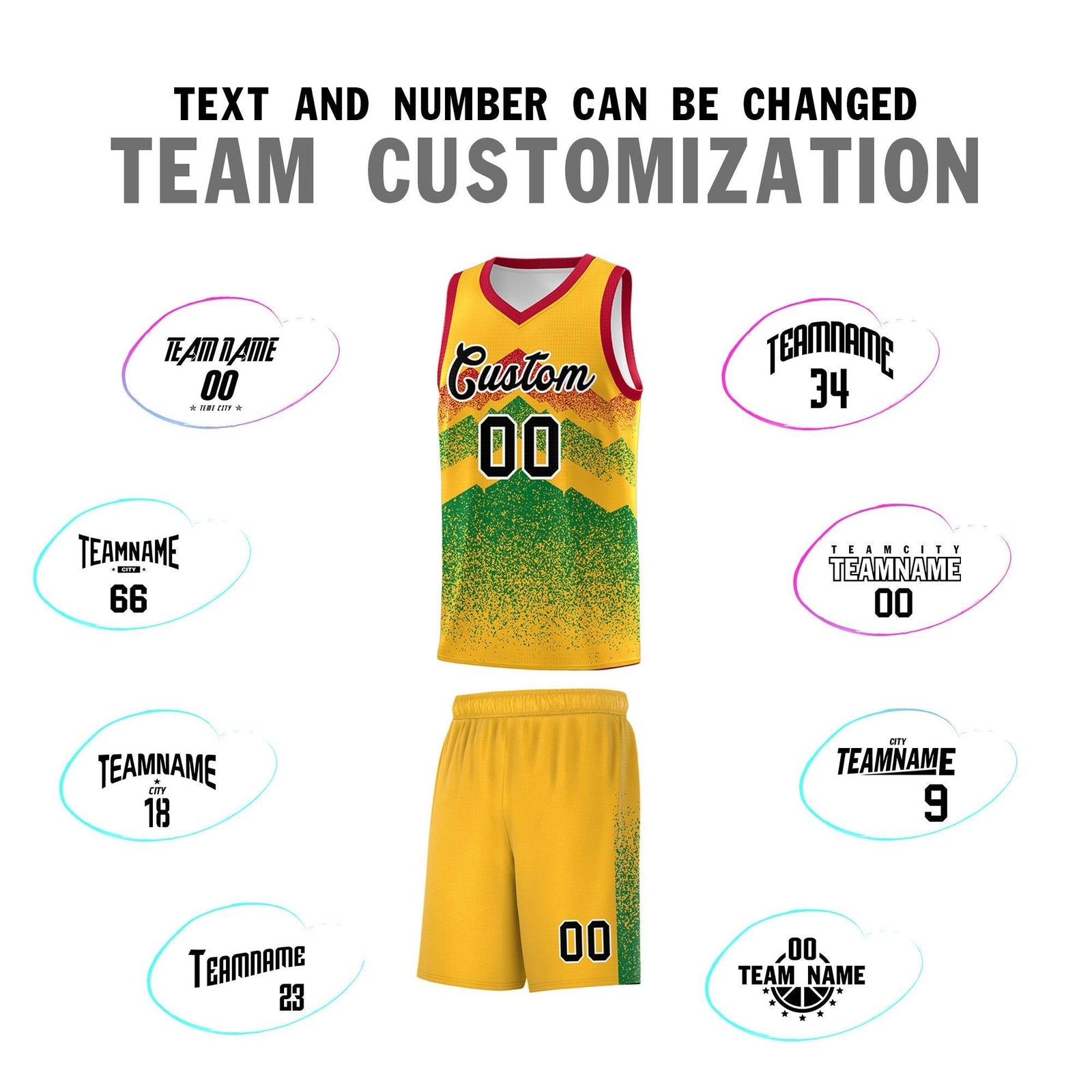 Personalized Youth Basketball Jerseys Gold Kelly Green Gradient Mountain Design Uniforms