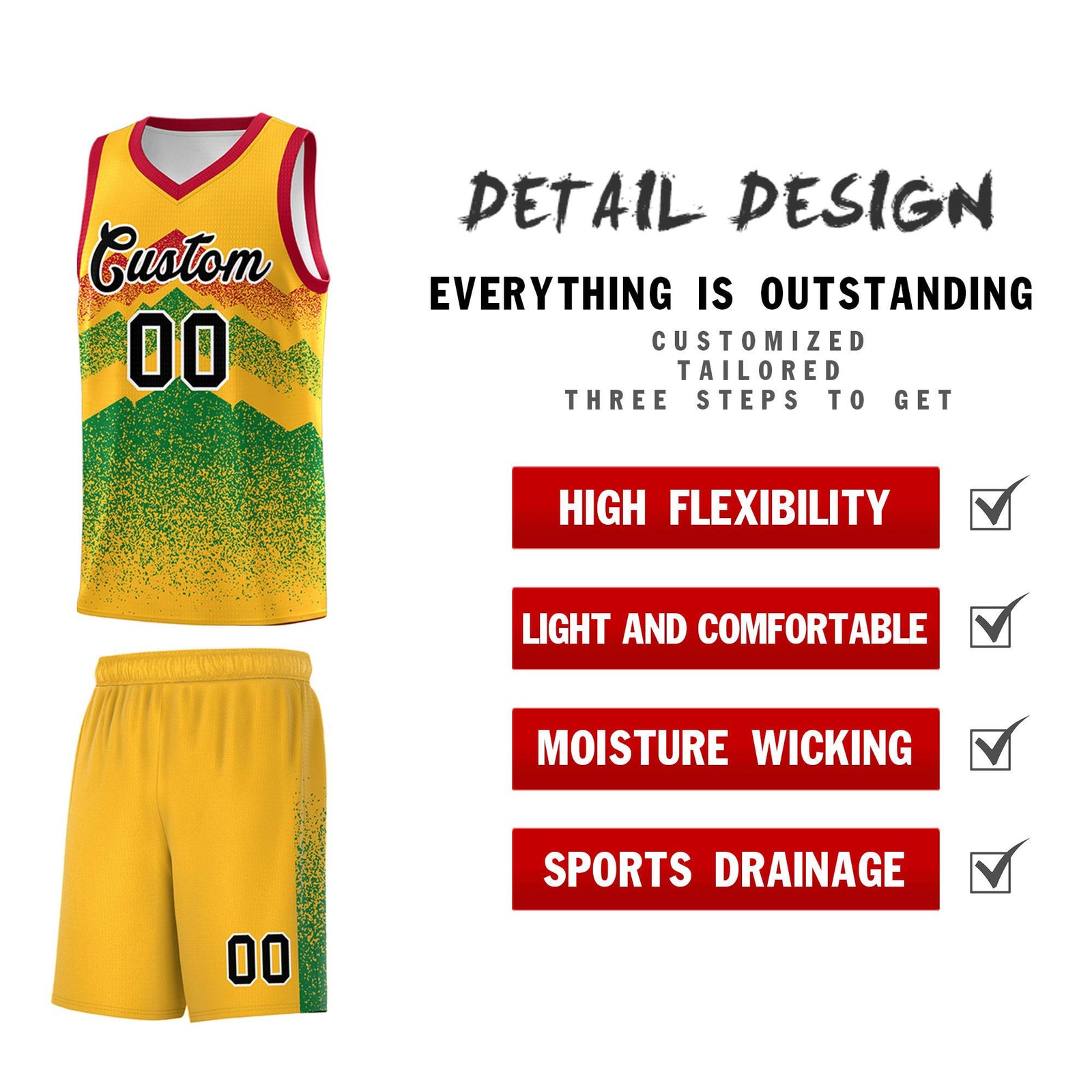 Personalized Youth Basketball Jerseys Gold Kelly Green Gradient Mountain Design Uniforms