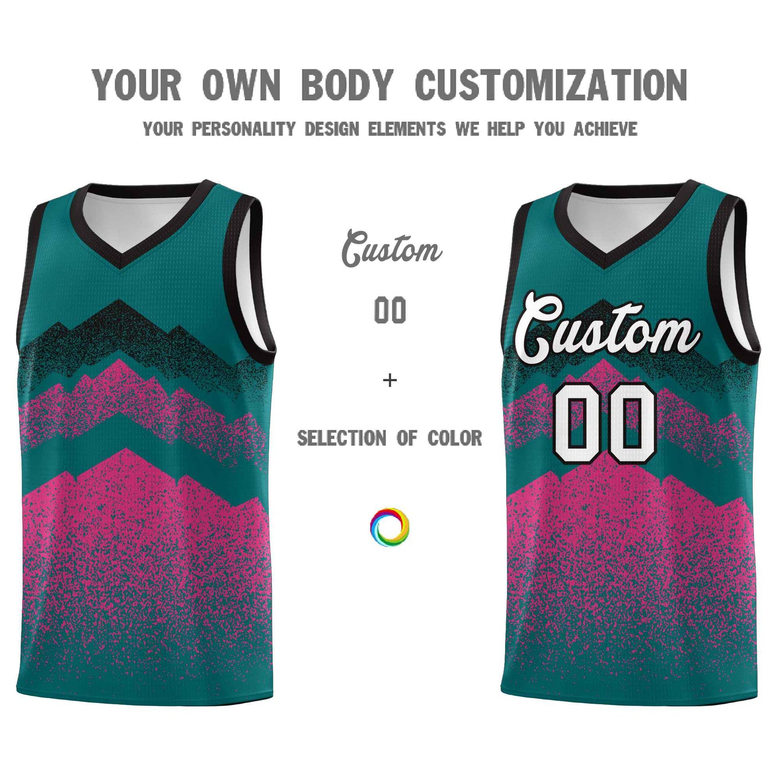 Custom Youth Basketball Jerseys Midnight Green Pink Gradient Mountain Design Uniforms