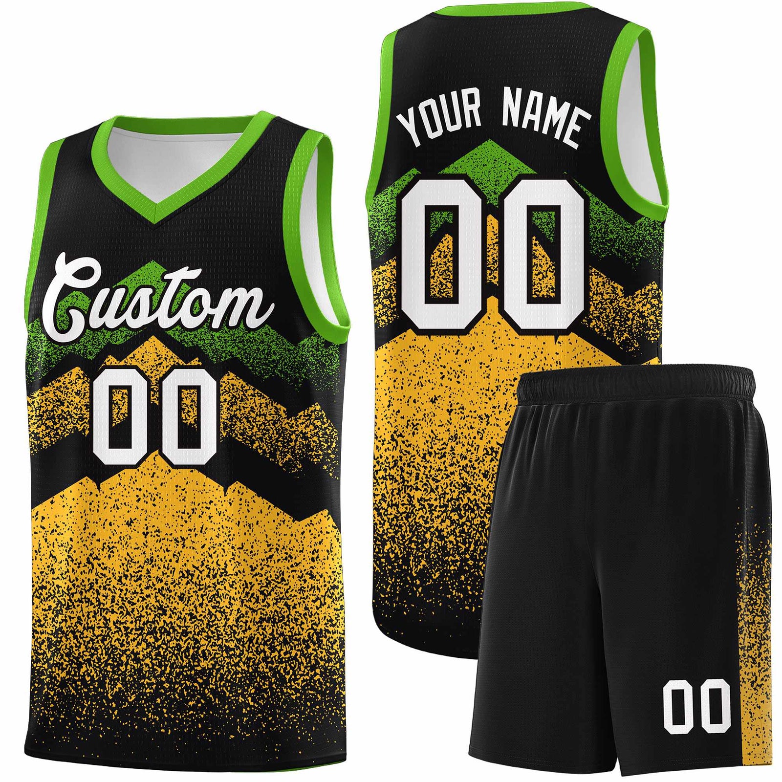Personalized Youth Basketball Jerseys Black Gold Gradient Mountain Design Uniforms