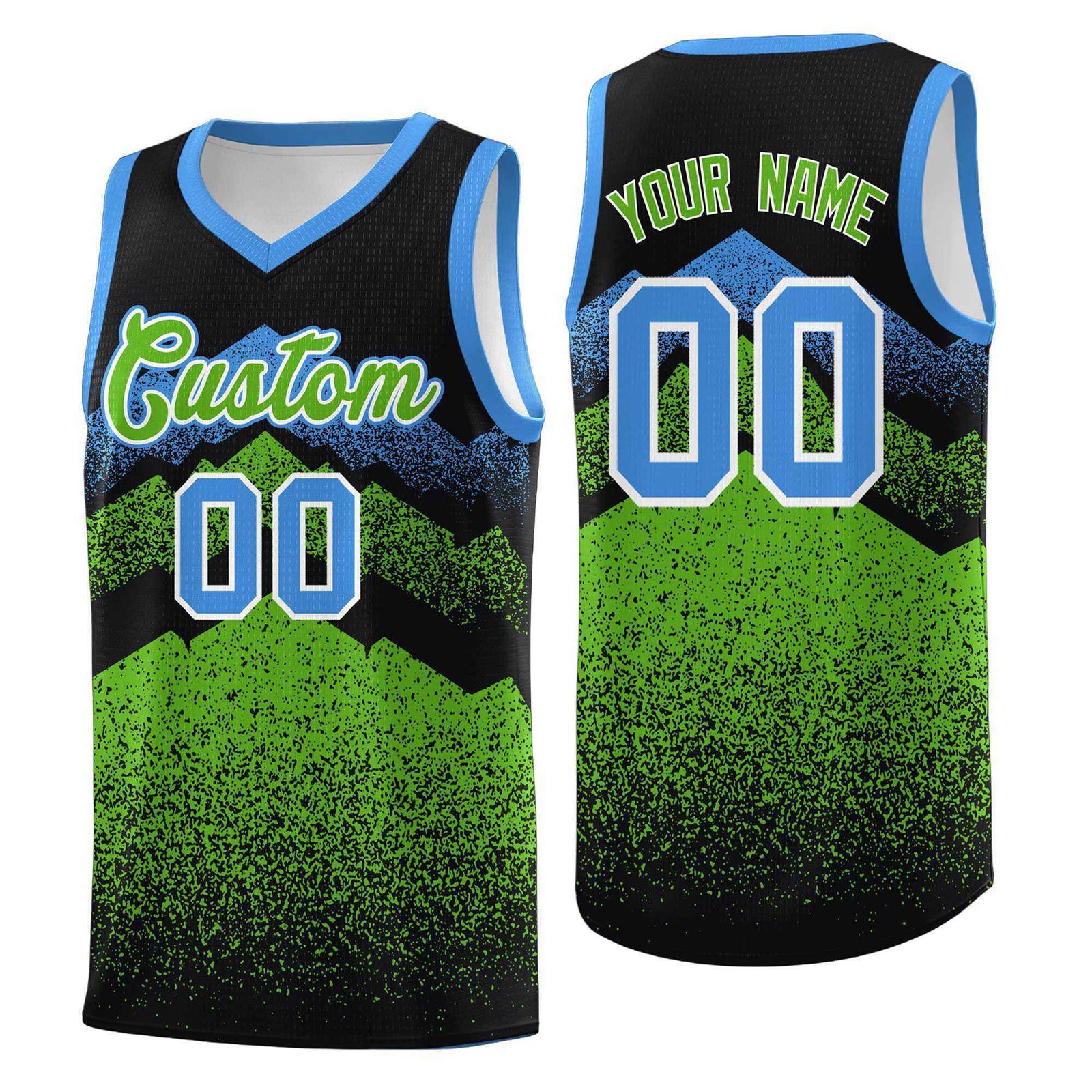 Personalized Youth Basketball Jerseys Black Green Gradient Mountain Design Uniforms