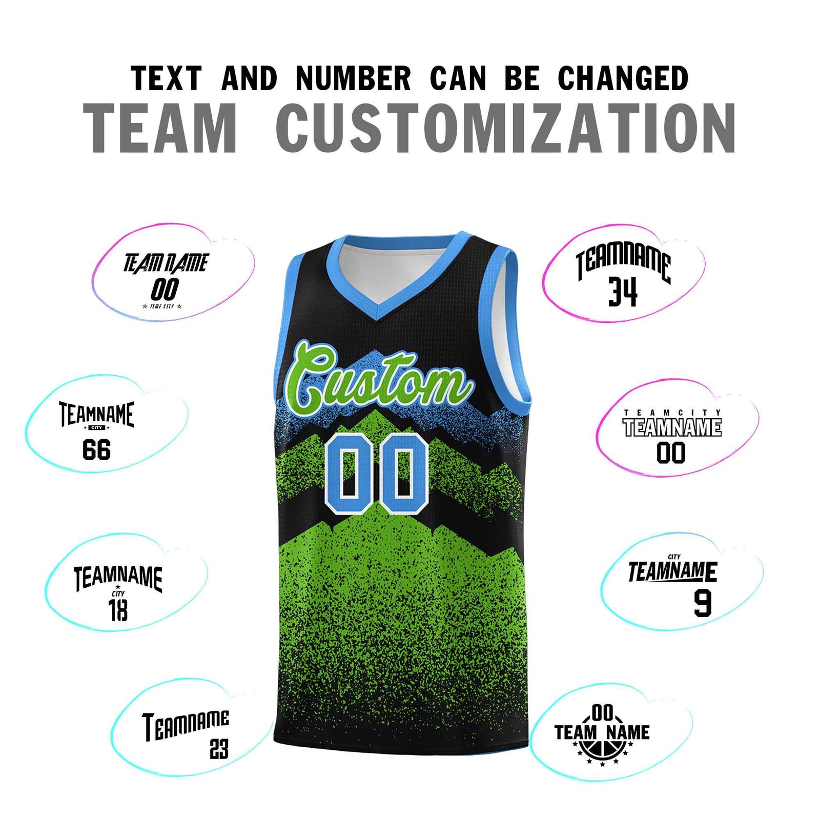 Personalized Youth Basketball Jerseys Black Green Gradient Mountain Design Uniforms
