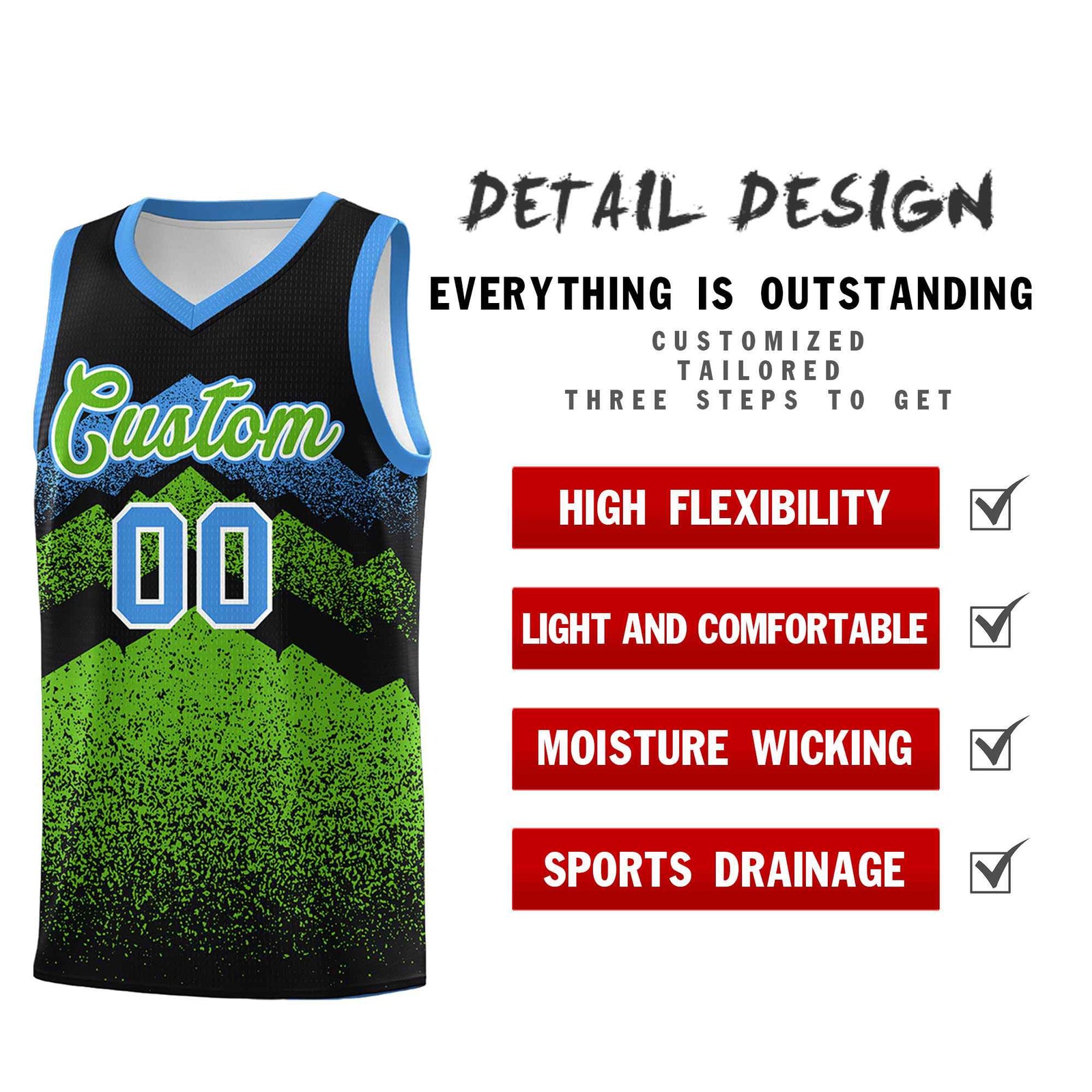 Personalized Youth Basketball Jerseys Black Green Gradient Mountain Design Uniforms